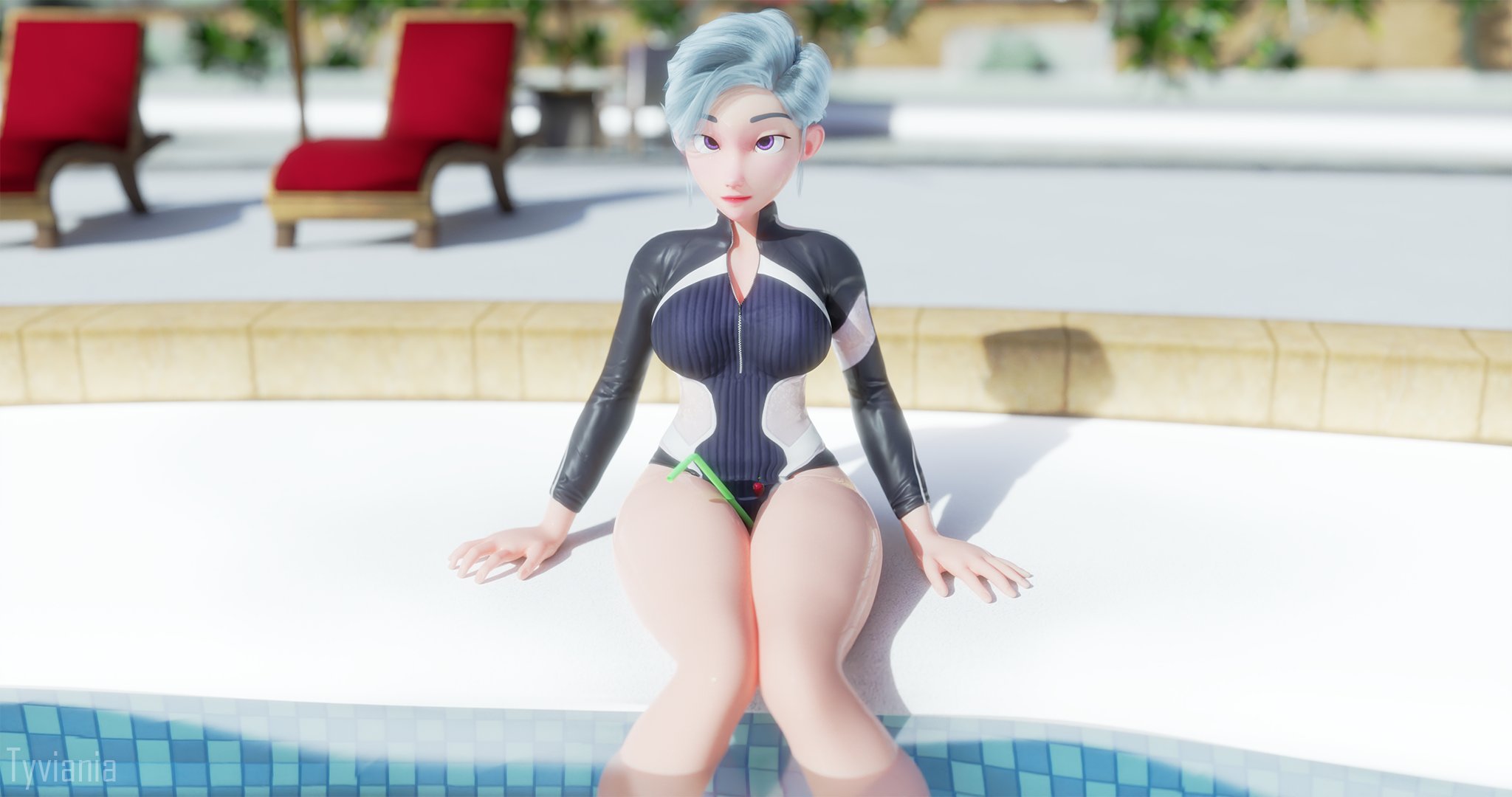 3d, cherry, clothed, cross eyed, drink, elise (tyviania), legs, original character, pool, purple hair, straw, swimsuit, tyviania