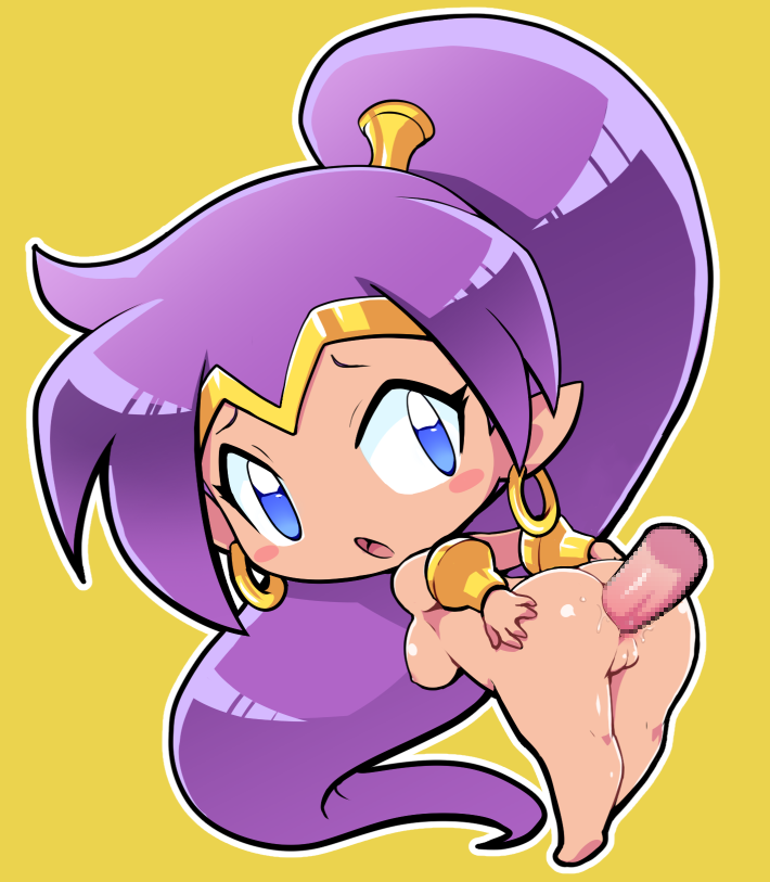 anal blue_eyes blush_stickers chibi hoop_earrings large_breasts long_hair long_ponytail looking_back nollety open_mouth pointy_ears purple_hair shantae shantae_(character) smooth_skin whitewashed yellow_background