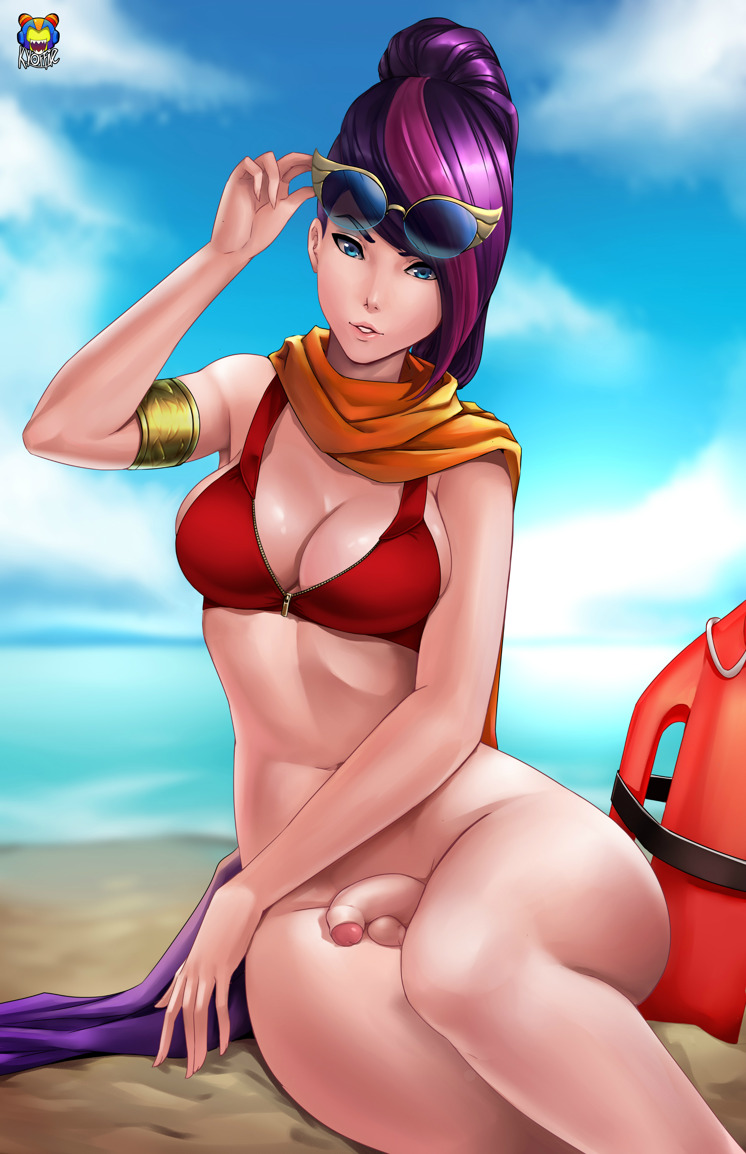 1futa, alternate costume, balls, bikini, bikini top, bottomless, breasts, cleavage, curvy, fiora laurent, flaccid, futa only, futanari, glasses, intersex, kyoffie, large breasts, league of legends, looking at viewer, penis, pool party fiora, pool party series, sunglasses on head, tagme, wide hips