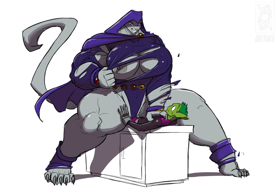 1boy, 1girls, alternate breast size, alternate species, anthro, beast boy, breast expansion, breast growth, breast growth (enlargement), breasts, cartoon network, claws, dc, dc comics, expansion, extreme muscles, feline, female, femdom, furry, garfield logan, grey body, grey fur, grin, growth, huge breasts, imminent sex, interspecies, jolly jack, kitty hulk, larger female, laying on back, male, muscles, muscular, muscular anthro, muscular female, rachel roth, raven (dc), ripped clothing, size difference, smaller male, smile, snu-snu, teen titans, thick thighs