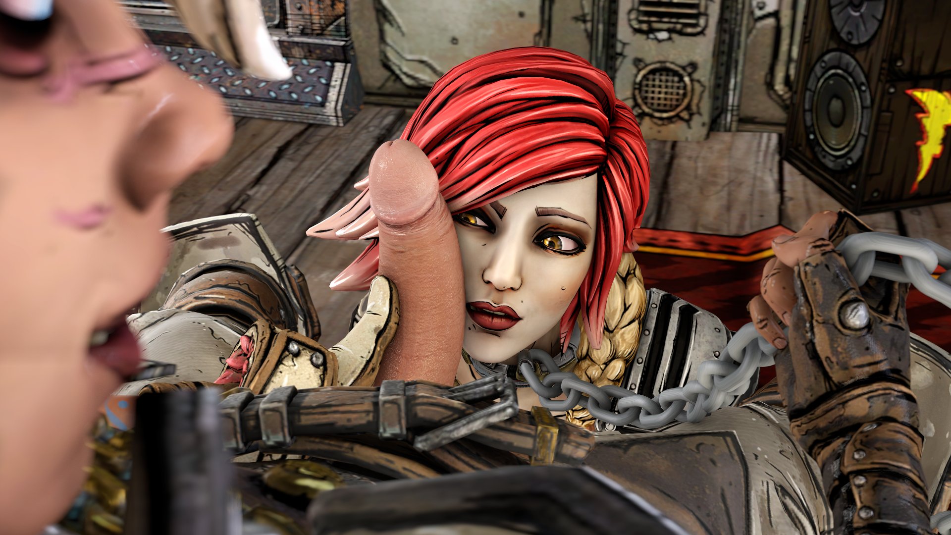 1futa, 1girls, 3d, 3d (artwork), armor, big penis, blue eyes, bondage, borderlands, borderlands 3, chain, chains, clothes, dentol, dickgirl, erect penis, erection, female, femsub, futa on female, futa pov, futadom, futanari, human, intersex, lilith (borderlands), lipstick, nude, nudity, open mouth, penis, penis on face, pov, red hair, redhead, restrained, scar, short hair, siren (borderlands), source filmmaker, teeth, tyreen calypso, uncensored, yellow eyes