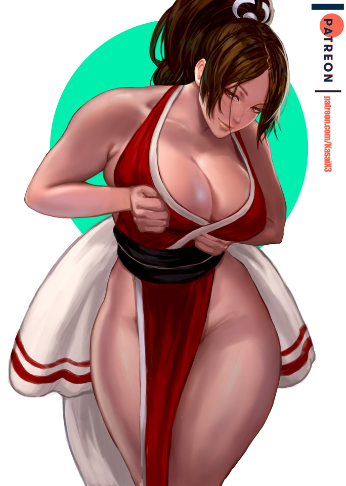 1girls, 2019, 2d, 2d (artwork), artist name, asian, asian female, big breasts, breasts, brown eyes, brown hair, cleavage, clothed female, clothing, fatal fury, female, female only, green background, human, human female, human only, japanese female, kasai x3, king of fighters, large breasts, lejeanx3, long hair, mai shiranui, ninja, ninja girl, patreon, presenting, presenting breasts, questionable, smile, smiling at viewer, solo, solo female, standing, thick thighs, thighs, white background, wide hips