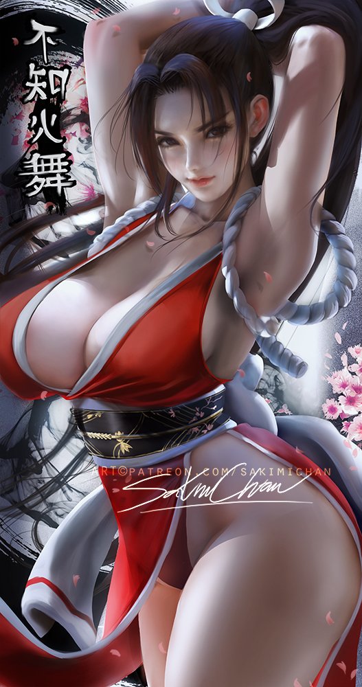 1girls, asian, big breasts, breasts, cleavage, fatal fury, female, female only, japanese clothes, king of fighters, kunoichi, large breasts, looking at viewer, mai shiranui, pinup, pose, posing, sakimichan, seductive, snk, solo, wide hips