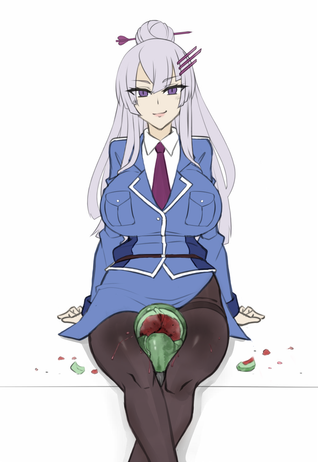 breaking_watermelon_with_thighs breast_pockets breasts female food formal frolaytia_capistrano fruit hair_pin heavy_object huge_breasts long_hair military military_uniform monochrome necktie pantyhose smile suit thighs twrlare uniform watermelon watermelon_crushing