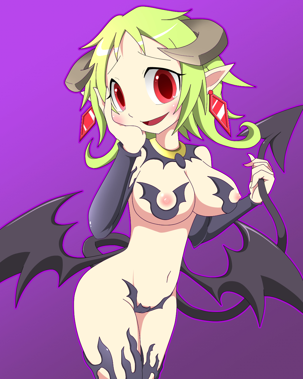 !_!(artist) amauchi blush demon_girl demon_horns demon_tail demon_wings earrings green_hair hand_on_face holding_tail horns mon-musu_quest! monster_girl monster_girl_quest open_mouth pointy_ears purple_background red_eyes succubus succubus_(mon-musu_quest!)