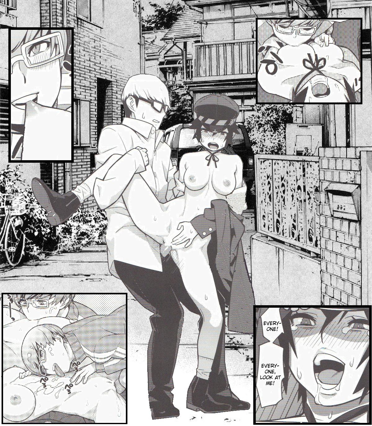 bisexual, blush, breast sucking, breasts, clothing, english, english text, exhibitionism, female, ffm threesome, footwear, glasses, greyscale, held up, human, kissing, licking cum, licking pussy, male, manga, molestation, monochrome, narukami yu, nude, open mouth, outdoors, outerwear, penetration, penis, persona, persona 4, public, public nudity, public use, pussy, restrained, satonaka chie, sex, shirogane naoto, short hair, speech bubble, spread legs, straight, vaginal penetration