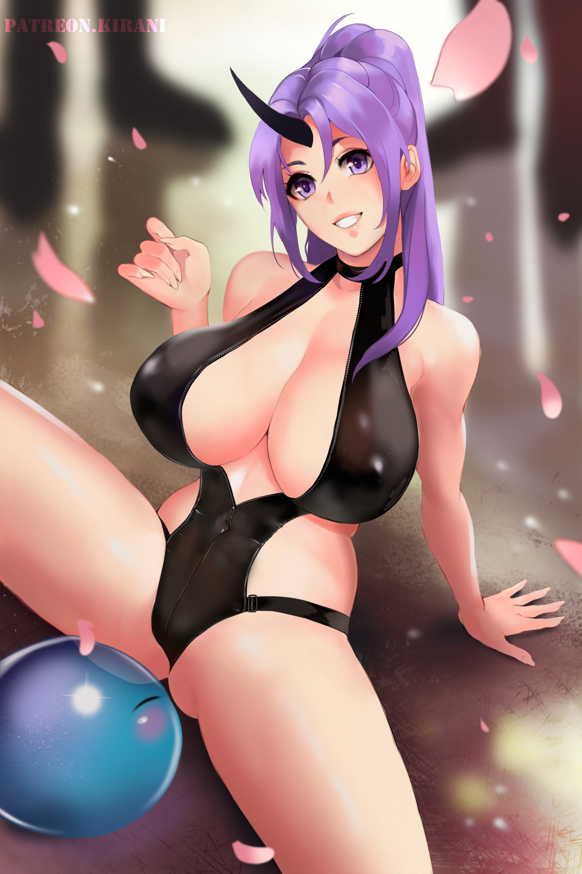 1girls, breasts, cleavage, female, female only, huge breasts, kirani, monster girl, shion (tensei shitara slime datta ken), solo, spread legs, tensei shitara slime datta ken
