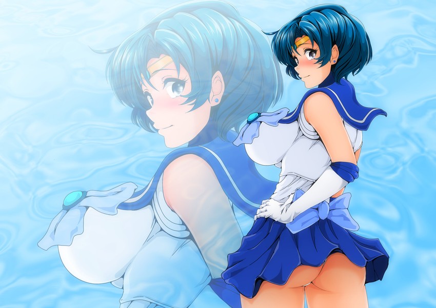 1girls, ami mizuno, ass, big ass, big breasts, big butt, bishoujo senshi sailor moon, blue eyes, blue hair, blue skirt, blush, breasts, clothed, clothed female, clothing, curvy, detached sleeves, earrings, female, female focus, female only, from behind, fully clothed, gloves, huge ass, huge breasts, large breasts, looking at viewer, looking back, nanashi noiji, pantyshot, pose, sailor collar, sailor mercury, serafuku, short hair, short skirt, skirt, solo, solo female, thick, tiara, very short hair, voluptuous, young