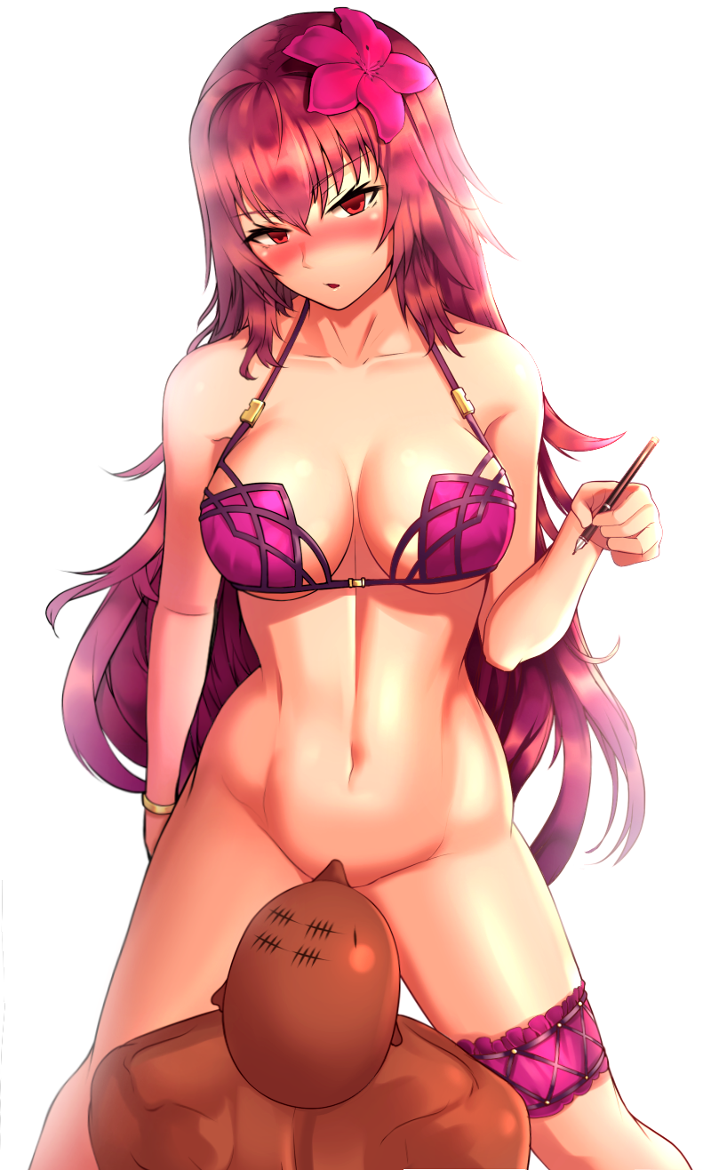 1boy alternate_costume bald bikini blush bottomless bracelet breasts cleavage clyde_s cunnilingus fate/grand_order fate_(series) female femdom flower fountain_pen hair_flower hair_intakes hair_ornament hibiscus highres jewelry leg_garter looking_down navel open_mouth oral pen pink_bikini purple_bikini purple_hair red_eyes scathach_(fate) scathach_(swimsuit_assassin) solo_focus swimsuit tally