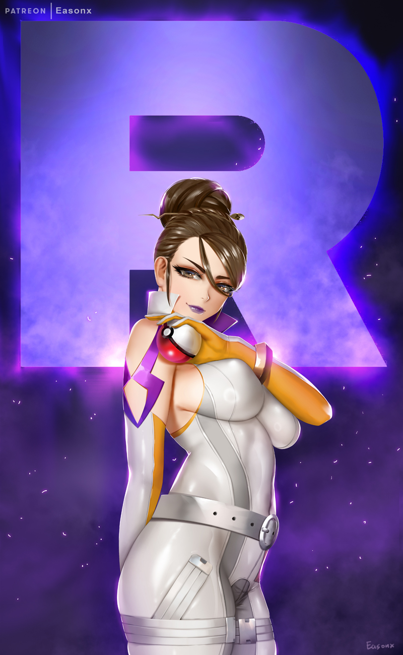 1girls, 2010s, abs, belt, big breasts, bodysuit, breasts, brown hair, cleavage, clothed, easonx, eye contact, eyeshadow, female, female only, gloves, hair bun, half-closed eyes, human, human only, large breasts, lipstick, looking at viewer, makeup, nintendo, patreon, pokemon, pokemon go, purple background, purple lipstick, sideboob, sierra (pokemon), skin tight, solo, team rocket, text, watermark, wide hips