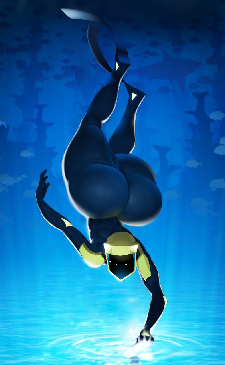 abzû abzu ambiguous_gender ass big_ass black_skin helmet huge_ass huge_butt justmegabenewell looking_at_viewer solo swimming swimming_fins thick_thighs underwater wetsuit