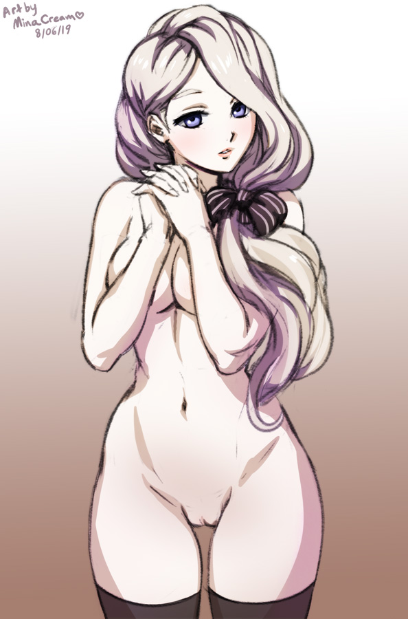 1girls, artist name, blonde hair, blue eyes, breasts, female, female only, fire emblem, fire emblem: three houses, large breasts, long hair, mercedes von martritz, minacream, nude, pussy, side ponytail, solo, thighhighs