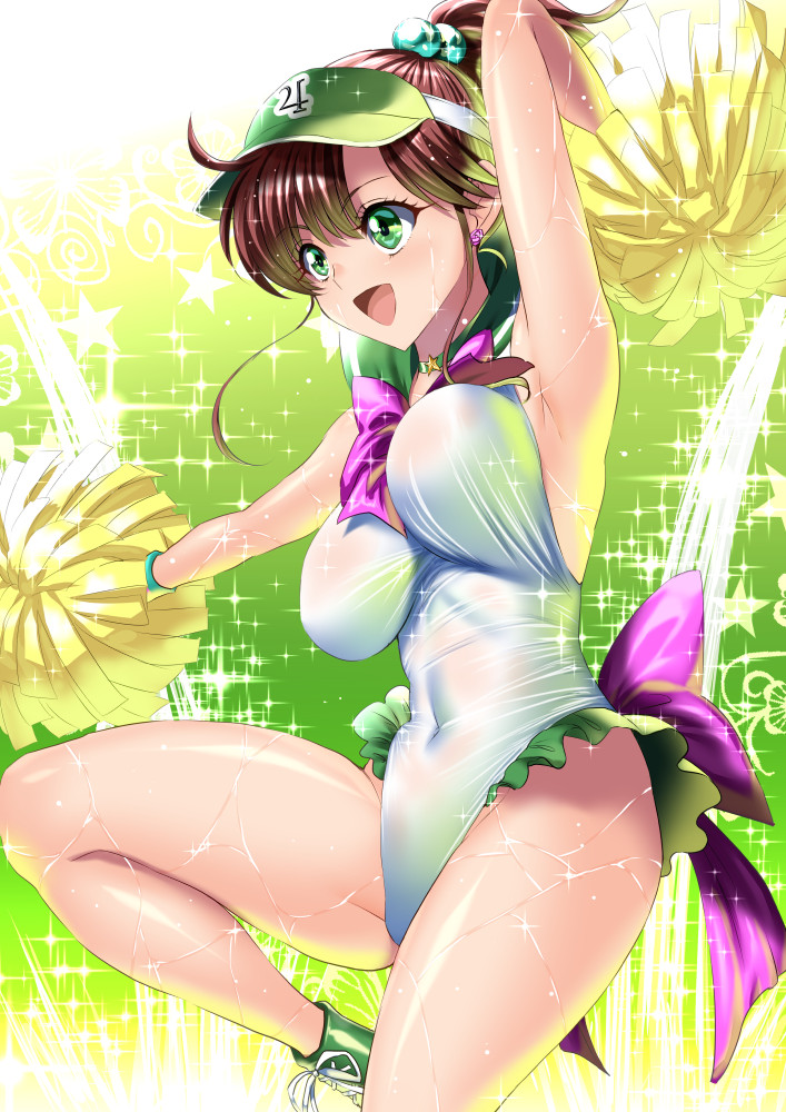 accessory bishoujo_senshi_sailor_moon boots bouncing_breasts bow brown_hair cheering cheerleader choker clothed clothing earrings female female_only frills gloves green_eyes happy hat large_breasts leotard makoto_kino one_breast_up open_mouth ponytail sailor_jupiter sen_(sansui) serafuku sheer sheer_clothing sleeveless solo stomach thick_thighs thighs thong_leotard tight_clothing visor visor_cap wet wet_clothes wet_skin