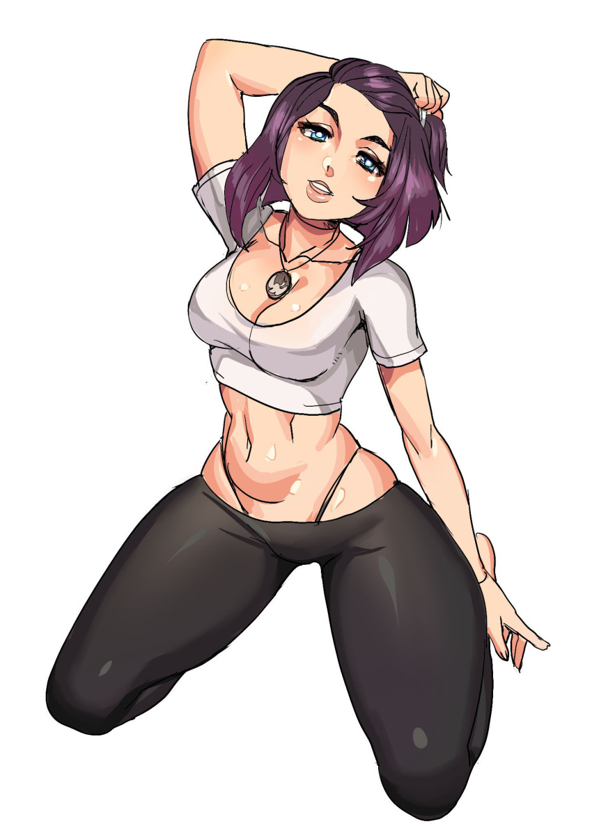 crop top, female, kneeling, leggings, looking at viewer, maniacpaint, navel, necklace, no bra, original, sally anne hayes, short hair, solo, solo female, solo focus, tagme, thong, yoga pants