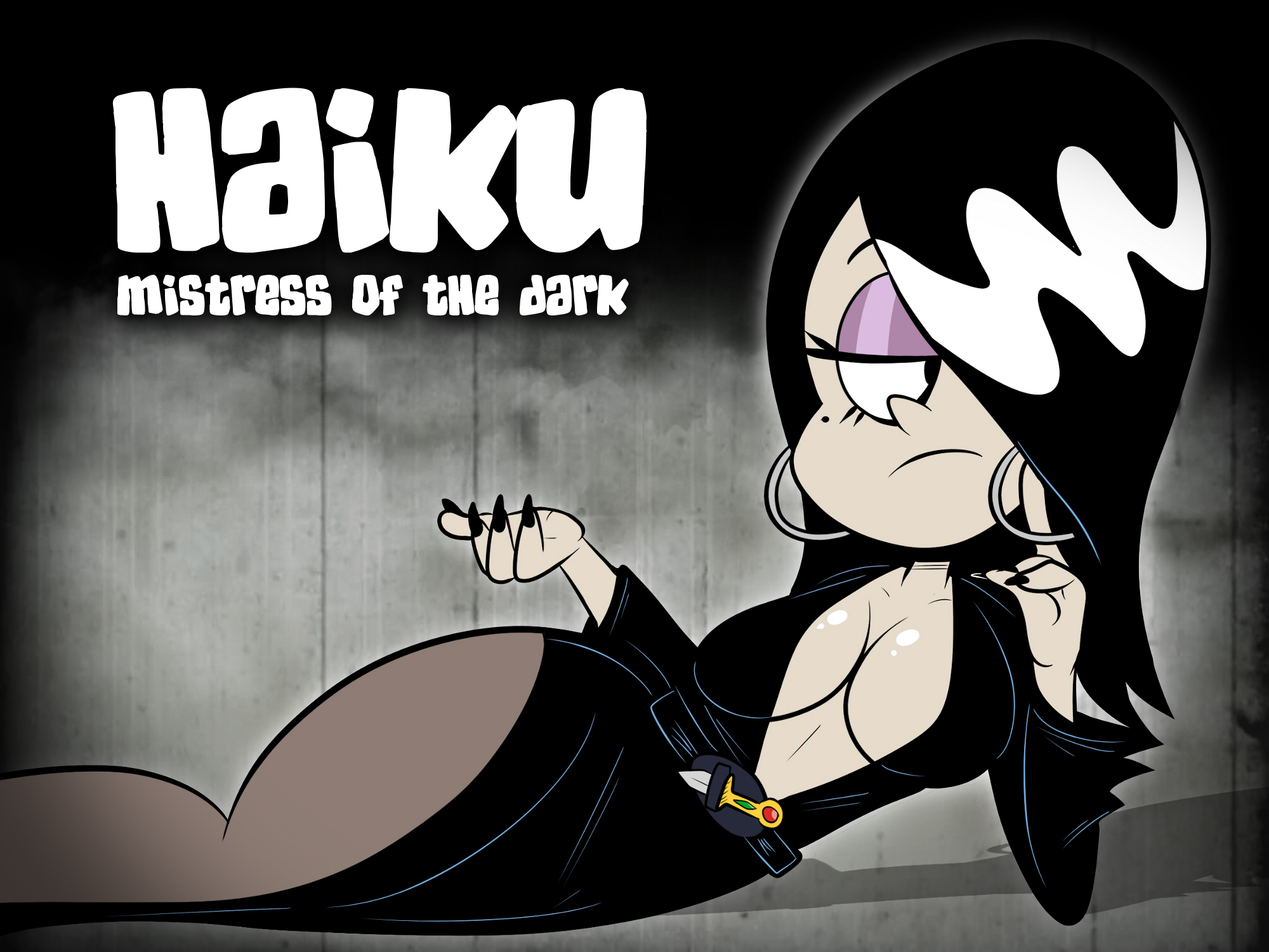 1girls, beauty mark, black hair, breasts, cleavage, earrings, eyeshadow, female, female only, frown, goth, haiku (the loud house), hair over eye, hair over one eye, half-closed eyes, hoop earrings, makeup, mole, mole under eye, scobionicle99, straight hair, the loud house