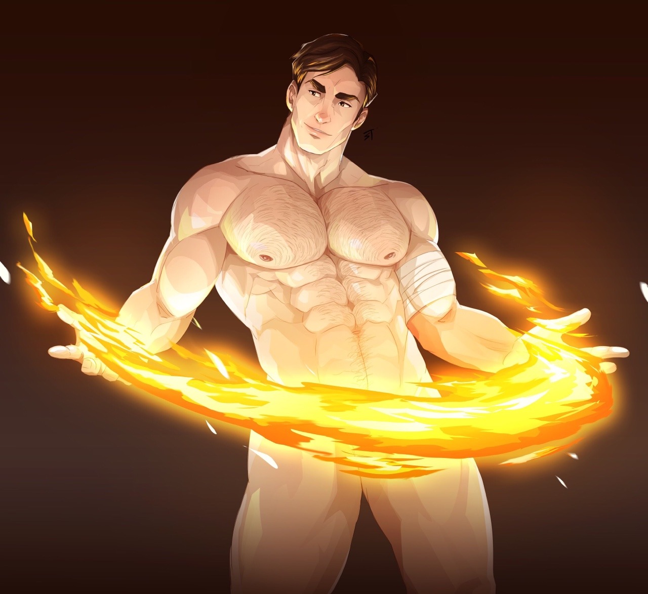1boy, abs, avatar legends, bandage, bandaged arm, bara, biceps, big pecs, body hair, brown eyes, brown hair, chest hair, color, digital media (artwork), fire, fire nation, firebending, general iroh, hairy, hairy chest, hairy male, human, human only, iroh, jojiart, light skin, light-skinned male, looking away, male, male chest, male focus, male nipples, male only, muscles, muscular, muscular arms, muscular male, nickelodeon, nipples, nude, nude male, nudity, pecs, pectorals, pose, posing, shiny, shiny skin, six pack, smooth skin, solo, solo focus, solo male, standing, the legend of korra, uncensored, yaoi