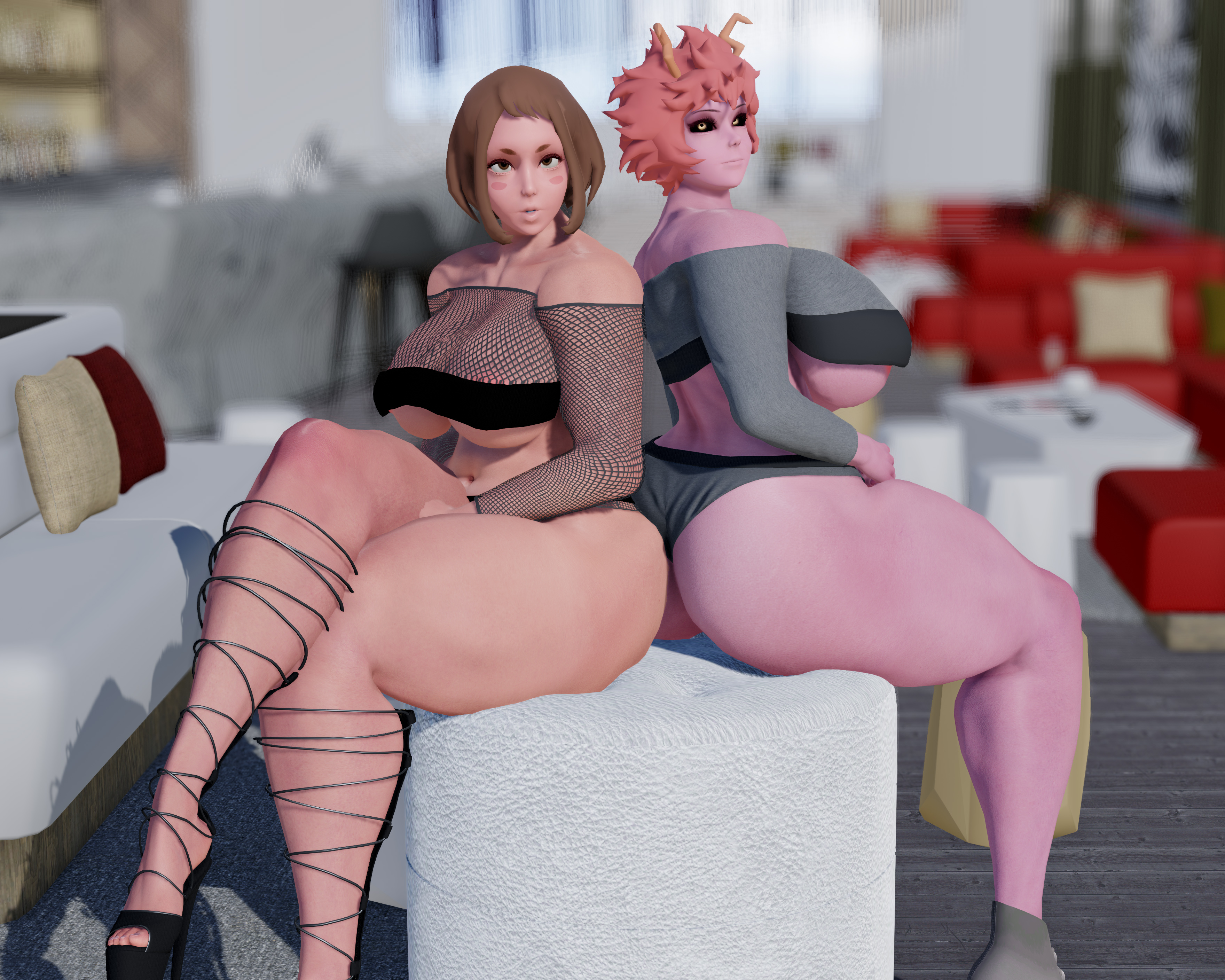 2girls, 3d, ass, ass to ass, back to back, big breasts, black sclera, blush, breasts, busty, curvy, female, hex3d, high heels, horns, huge ass, huge breasts, long legs, looking at viewer, mina ashido, monster girl, my hero academia, naughty face, ochako uraraka, pink hair, pink skin, platform heels, seductive, sitting, thick thighs, venus body, voluptuous