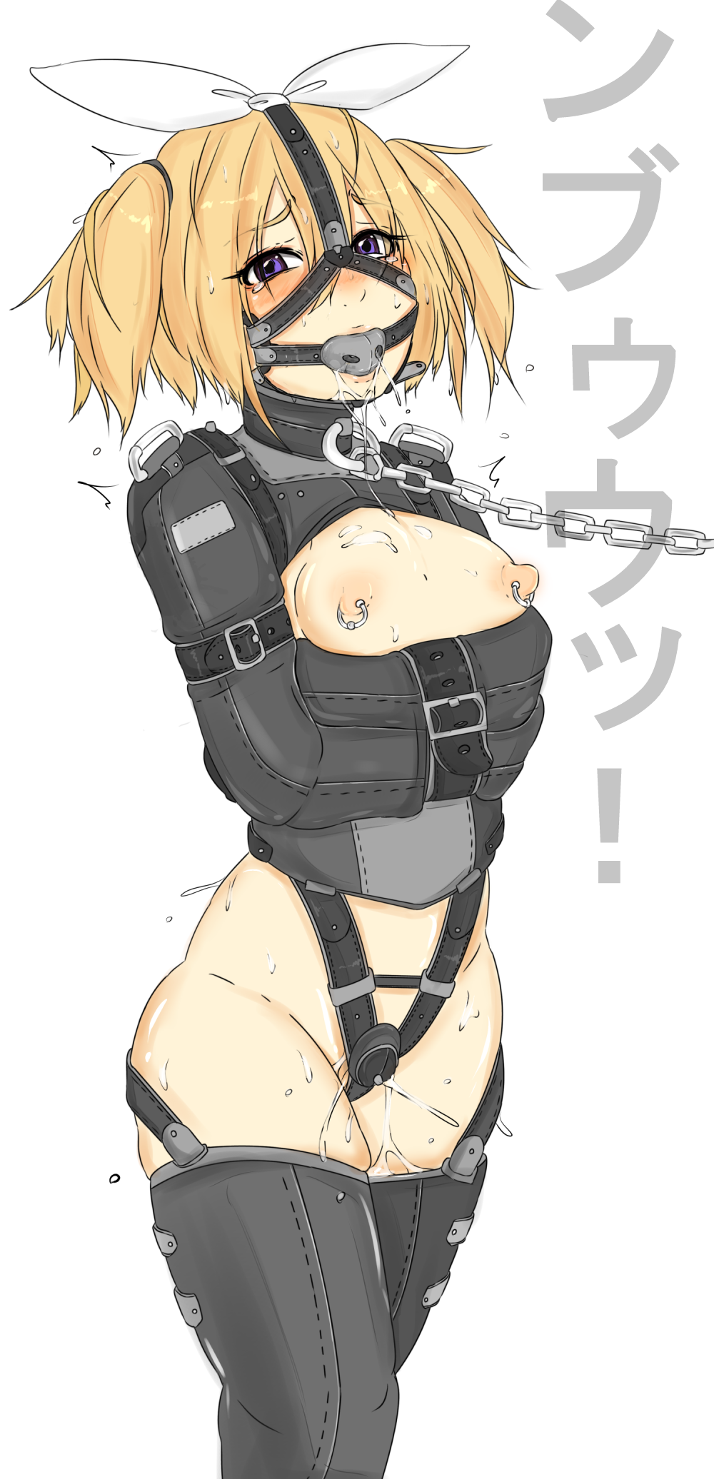 ball_gag blonde_hair blush bondage bondage bondage_outfit bound breasts chains collar female gag gagged gatling_raid highres kagamine_rin leash looking_at_viewer nipple_piercing nipple_rings nipples piercing purple_eyes pussy_juice short_hair small_breasts solo straitjacket tears thighhighs twintails vibrator vocaloid