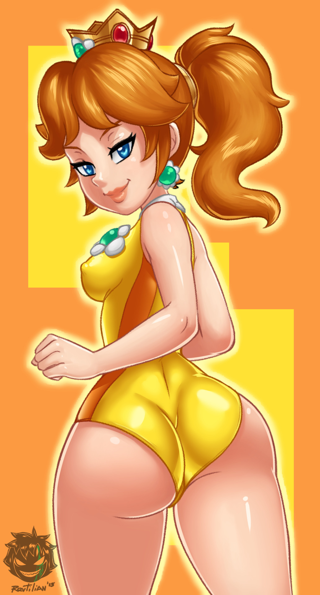 ass, blue eyes, crown, female, gymnastics, leotard, looking at viewer, looking back, mario (series), mario and sonic at the olympic games, nintendo, one-piece swimsuit, orange background, orange hair, orange theme, ponytail, princess, princess daisy, revtilian, smile, smirk, solo, tagme, thick thighs