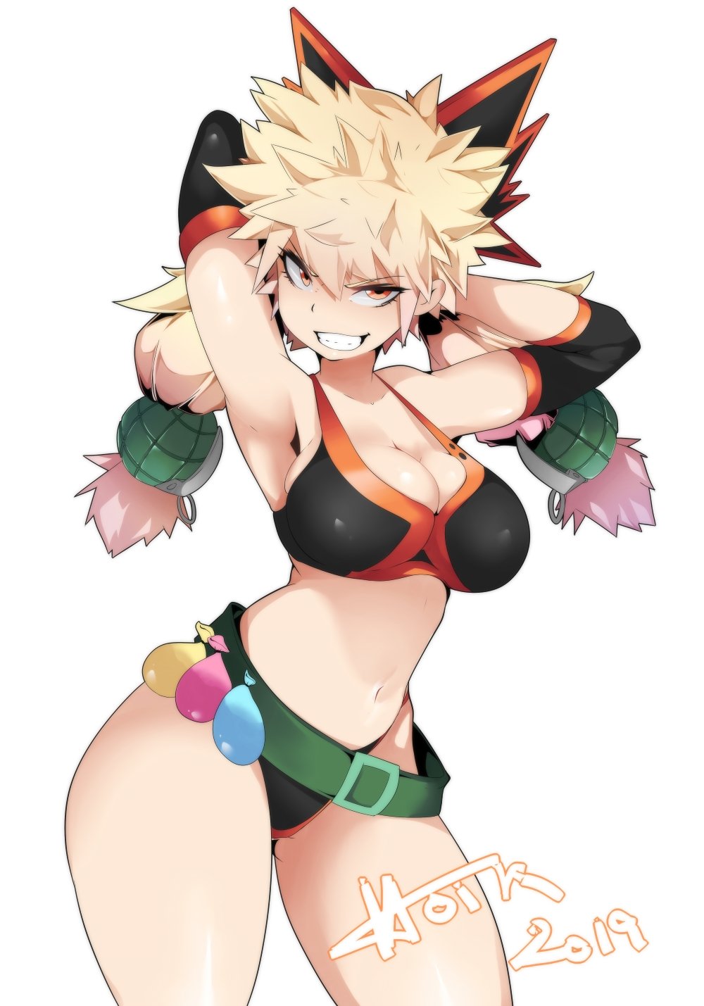 1girls, 2019, armpits, arms behind head, artist name, belt, bikini, breasts, cleavage, condom, condom belt, cowboy shot, dynamight, female, female bakugou, female only, filled condom, genderswap, genderswap (mtf), high resolution, hotvr, katsuki bakugou, large breasts, light skin, light-skinned female, long hair, looking at viewer, midriff, my hero academia, navel, red eyes, rule 63, simple background, smile, smiling, smiling at viewer, solo, spiky hair, stomach, swimsuit, teasing, teasing viewer, thighs, tied hair, twintails, uncensored, white background