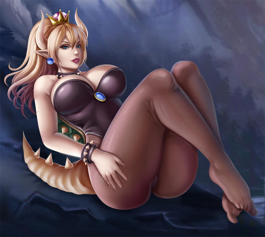 1girls, big breasts, bowsette, breasts, cleavage, feet, female, female only, flowerxl, genderswap, large breasts, looking at viewer, mario (series), new super mario bros. u deluxe, nintendo, rule 63, solo, tight clothing, toes
