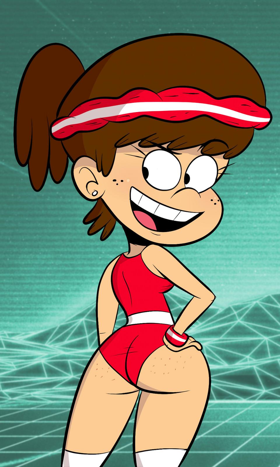 aged up, ass, back view, brown hair, female, lynn loud, ponytail, rear view, scobionicle99, solo, solo focus, straight hair, the loud house