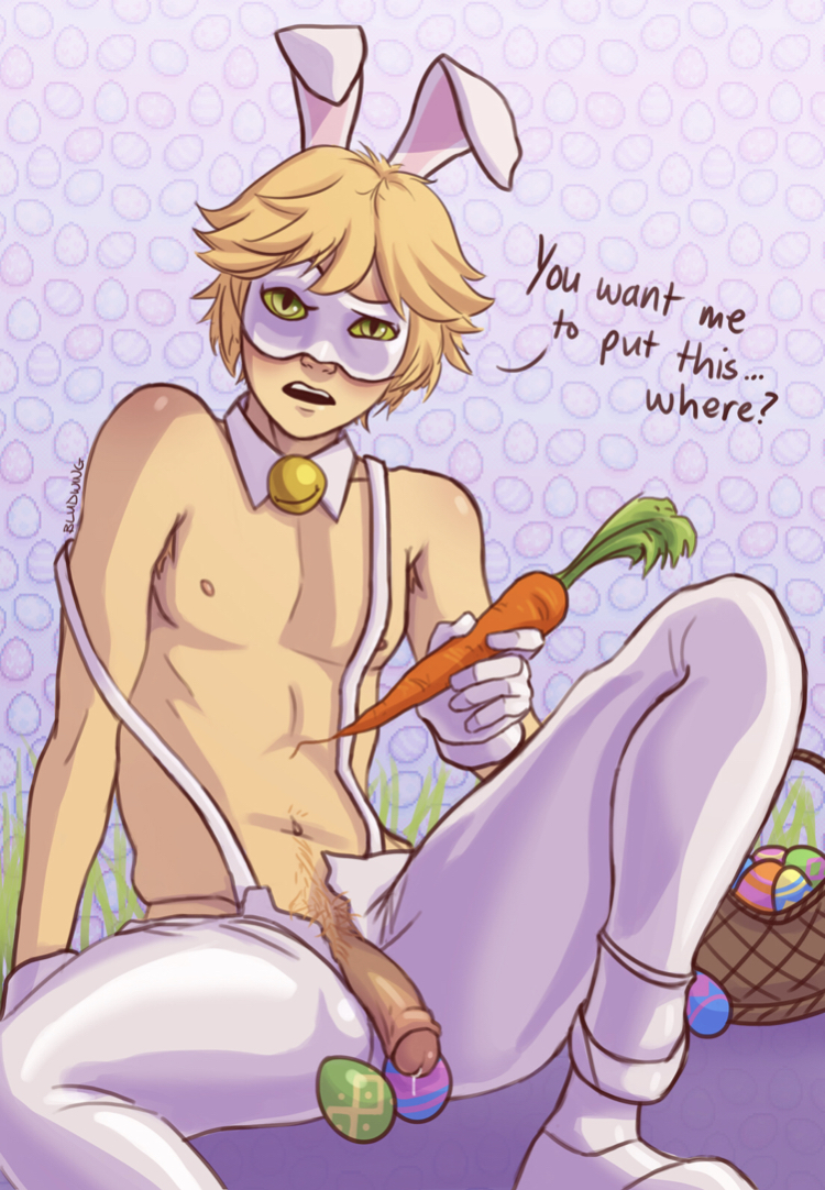 1boy, adrien agreste, blonde hair, bludwing, bunny ears, carrot, easter, easter bunny, easter egg, flaccid, flaccid penis, foreskin, gay, gay male, green eyes, human, light skin, male, male focus, male only, miraculous ladybug, partially retracted foreskin, penis, retracted foreskin, solo, solo focus, talking to viewer, twink, uncircumcised, uncut, yaoi