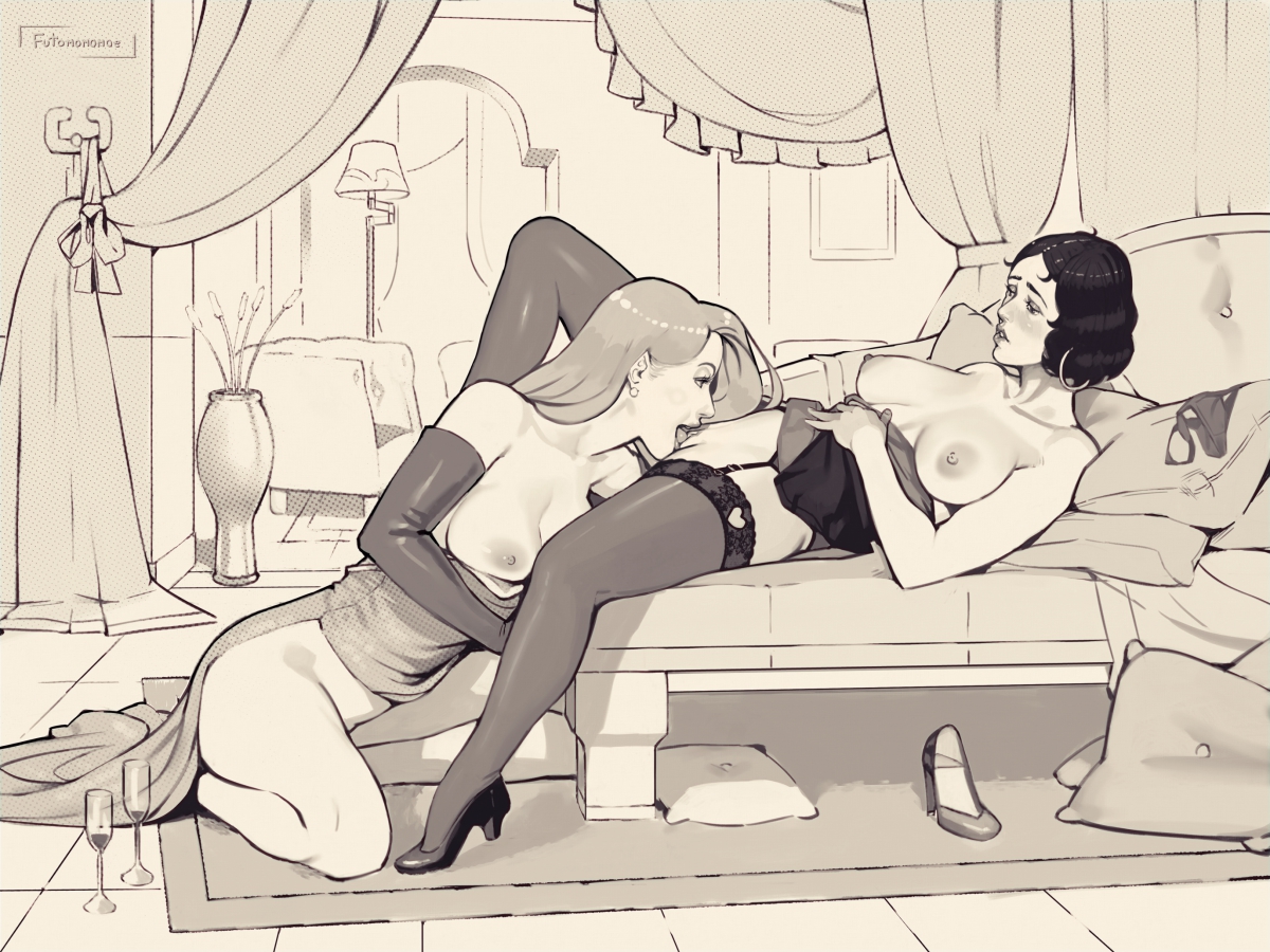 2girls, areolae, betty boop, big breasts, breasts, cunnilingus, disney, female, female only, flapper, futomomomoe, jessica rabbit, large breasts, monochrome, multiple females, multiple girls, nipples, oral, pussy, signature, text, thighhighs, who framed roger rabbit, yuri