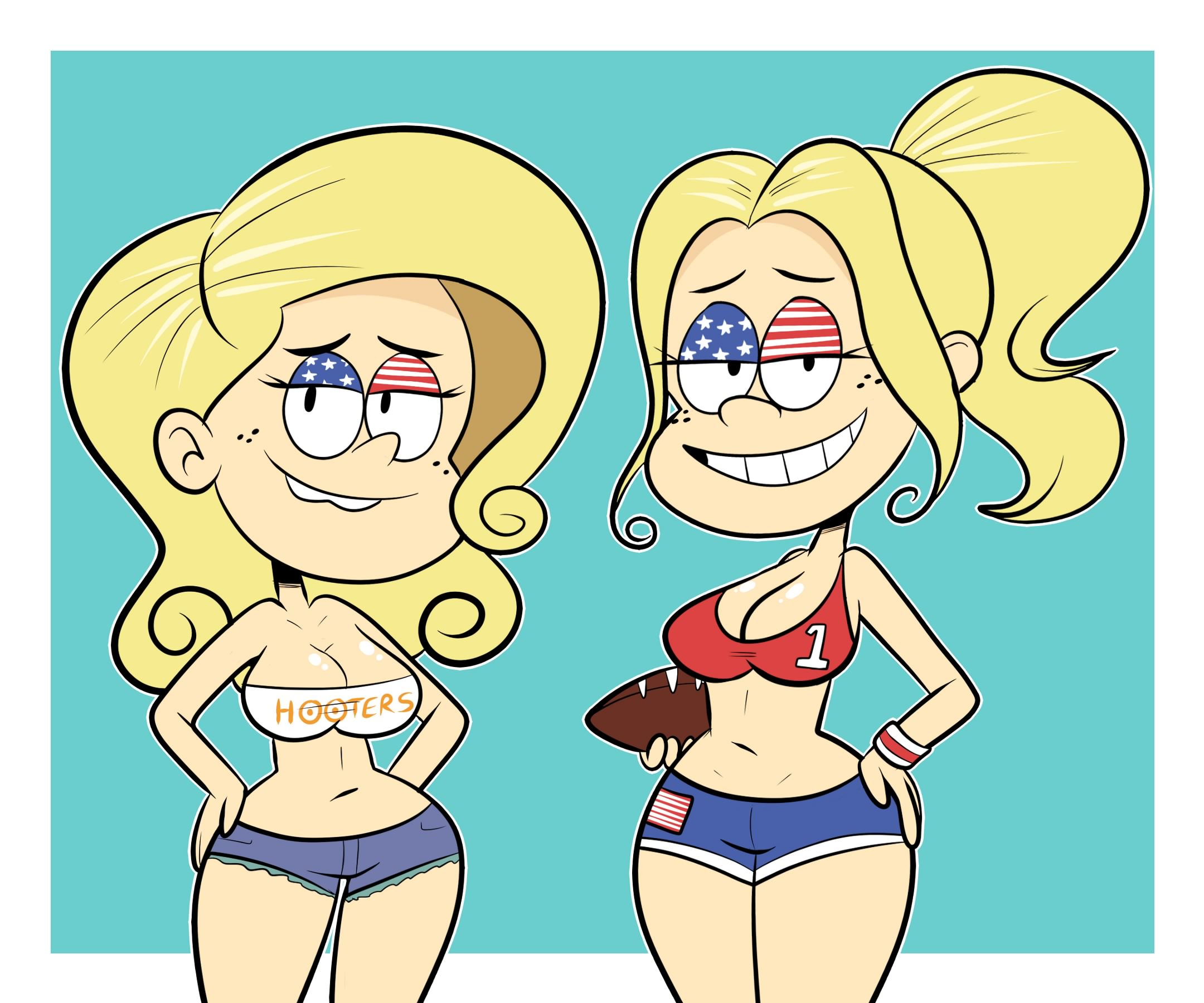 2girls, aged up, american flag, big breasts, blonde hair, breasts, cleavage, female, hips, large breasts, light skin, light-skinned female, lynn loud, multiple females, multiple girls, nickelodeon, ronnie anne santiago, scobionicle99, small waist, straight hair, the loud house, thick thighs, thighs, wide hips