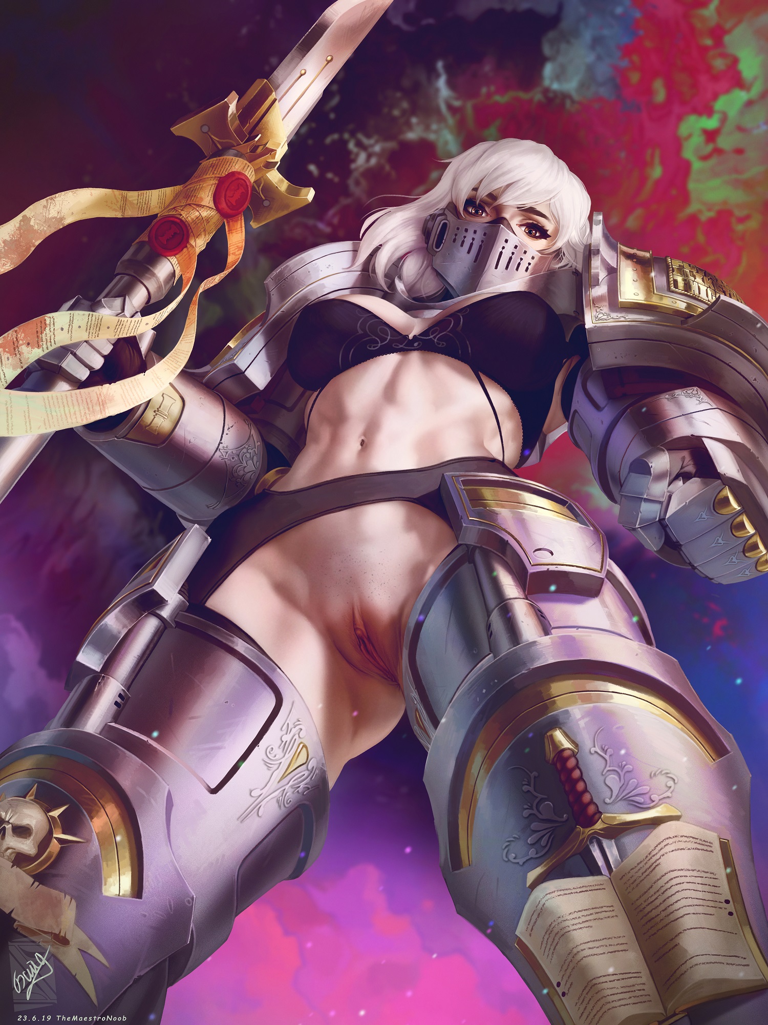 1girls, adeptus astartes, armor, armwear, bottomless, bra, casual, female, female only, female space marine, footwear, genderswap, grey knight, handwear, human, imperium of man, inquisition (warhammer 40k), legwear, no bra, pale skin, power armor, power armor (warhammer), purity seal, pussy, rule 63, sci-fi, science fiction, scifi, solo, solo female, space marine, text, themaestronoob, viewed from below, warhammer (franchise), warhammer 40k, white hair, yellow eyes