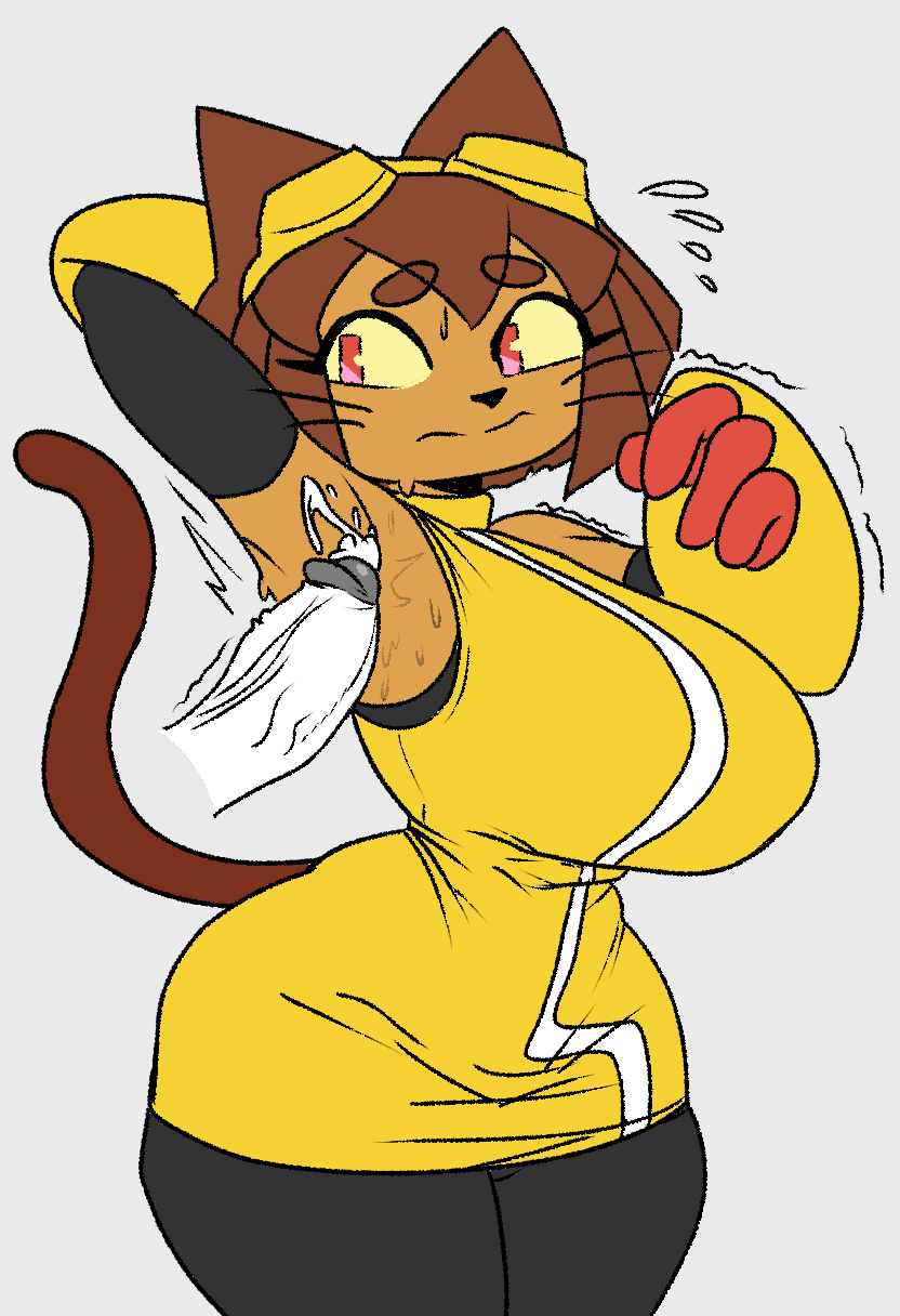 2d 2d_(artwork) armpit armpit_fetish armpit_sex big_breasts bra brown_body brown_fur brown_hair cat_ears cat_tail cum cum_on_armpit cumshot dumbsmutty gameoverse glitch_productions goggles handwear hero huge_breasts kit_(gameoverse) nervous_smile nude_female penis straight sweat sweaty whiskers
