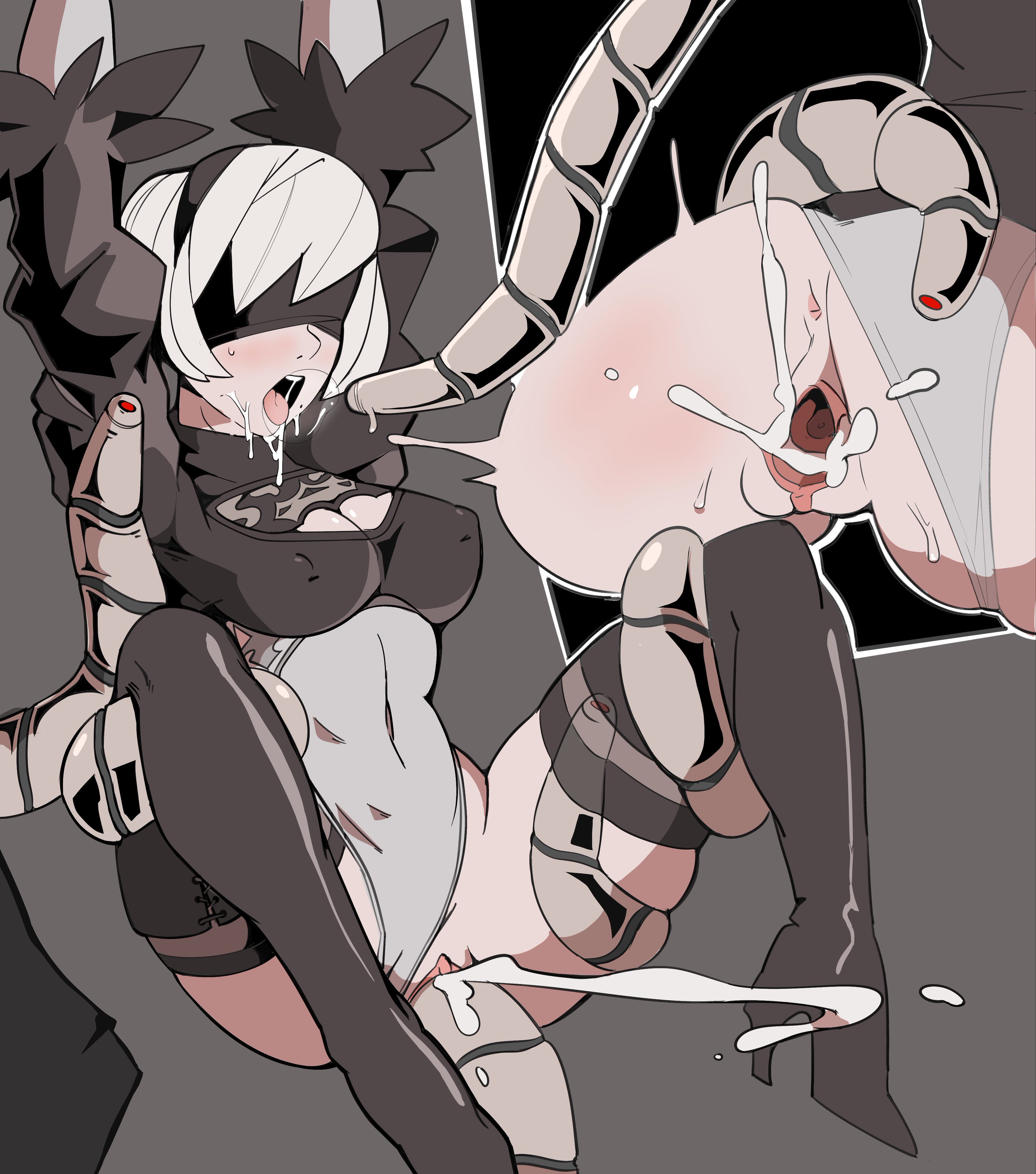 1girls, android, anus, cum, cum bubble, cum in mouth, cum in pussy, cum inside, female, nier, nier (series), nier: automata, nipples visible through clothing, open mouth, penetration, pussy, ragingbarbarians, short hair, spread legs, tentacle, tentacle sex, thick thighs, thighhighs, tongue, tongue out, vaginal penetration, white hair, yorha 2b