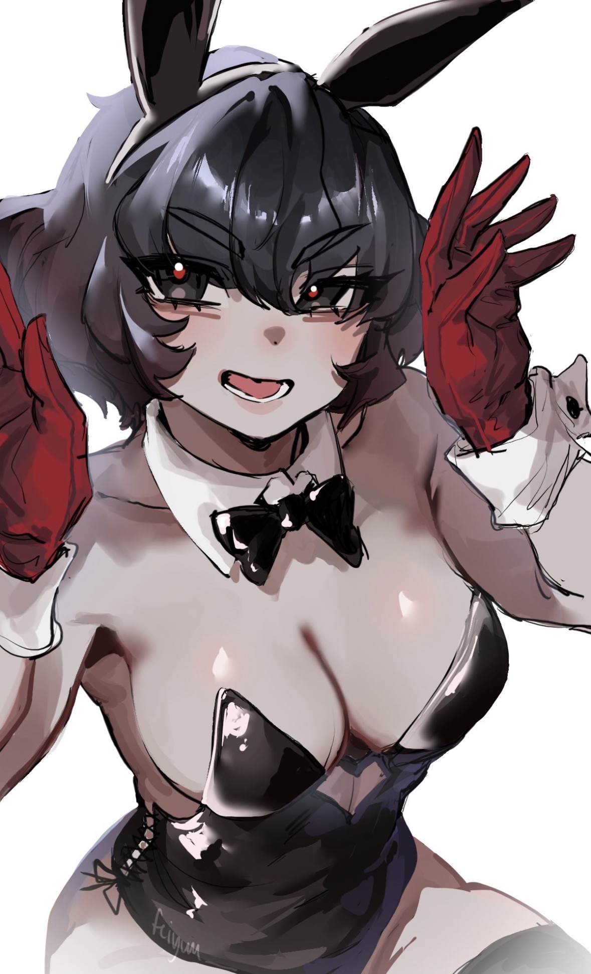 black hair, bunnysuit, close-up, deadlock, feiyuu, mina (deadlock), mina ha, red eyes, vampire, vampire girl