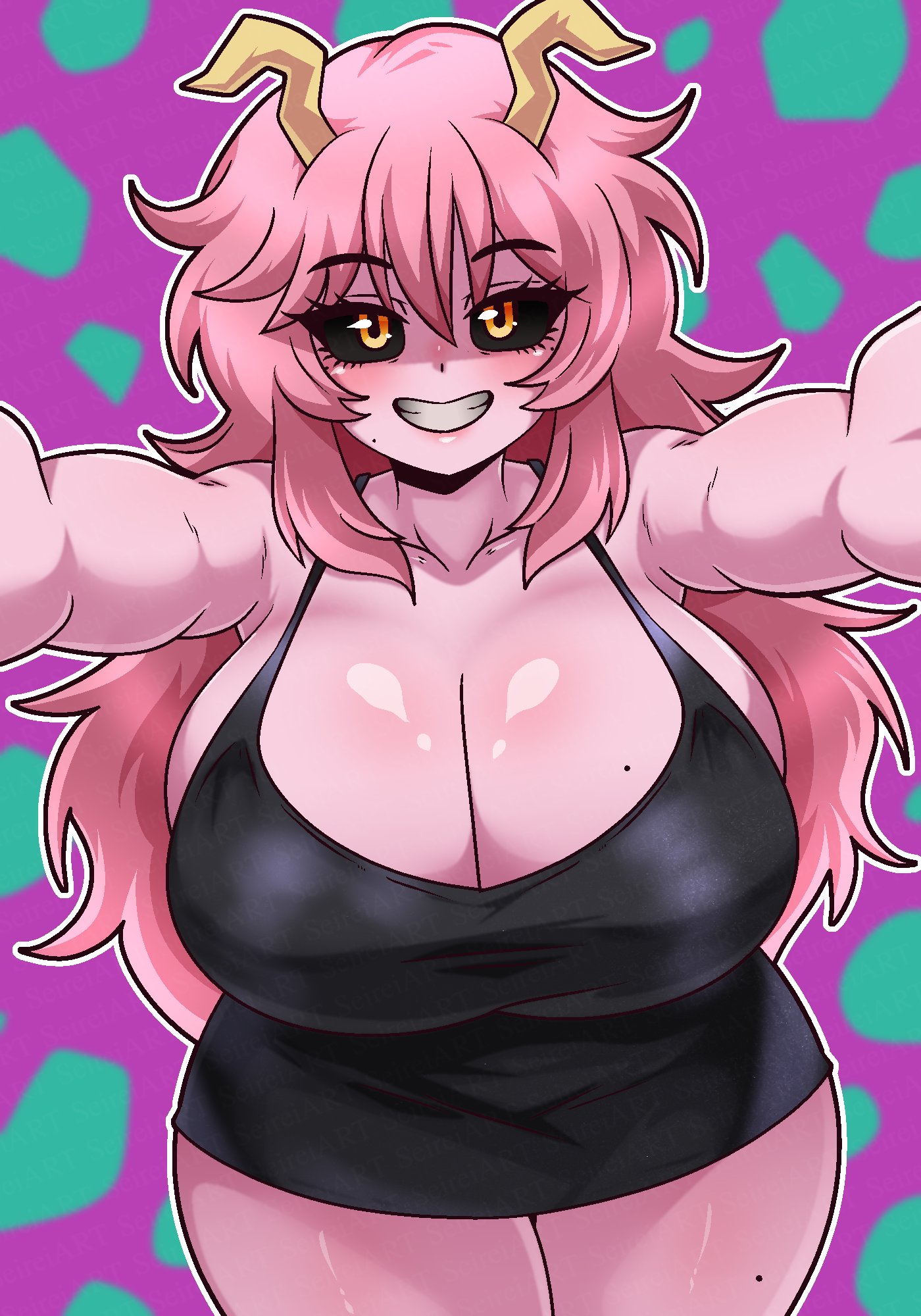 1girls, boku no hero academia, boku no hero academia (finale), breasts, cleavage, dress, female, female only, grin, huge breasts, incoming hug, long hair, looking at viewer, mina ashido, mina ashido time-skip, mole on breast, my hero academia, my hero academia (finale), pink body, pink hair, pink skin, post-timeskip, seireiart, smile, smiling at viewer, solo, thick thighs, thighs, wide hips