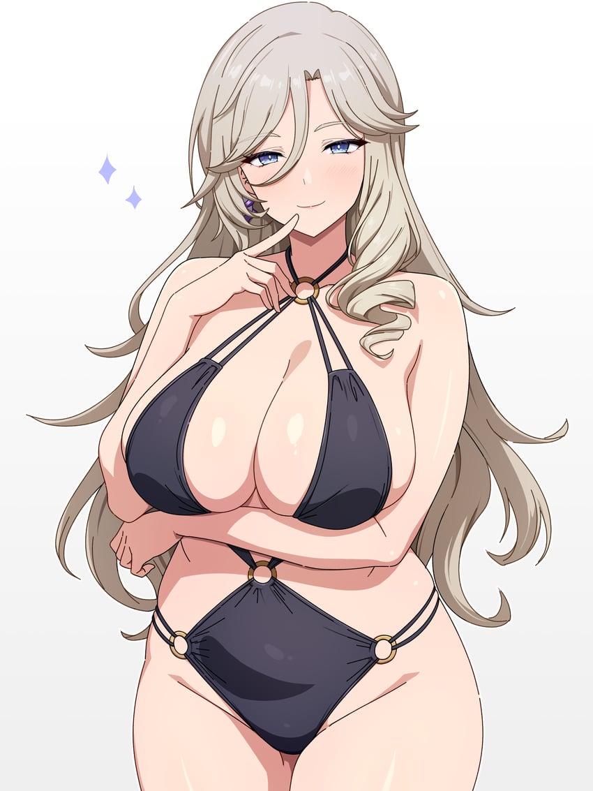 1girls, arm under breasts, bare arms, black one-piece swimsuit, blue eyes, breasts, brown hair, cleavage, female only, jiuyuan (neverness to everness), large breasts, looking at viewer, mei ichi, never, neverness to everness, solo, tagme, thighs