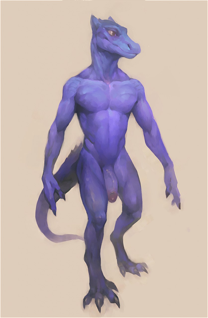 anthro biped flaccid hi_res klongi male male_only muscular penis scalie simple_background smile standing