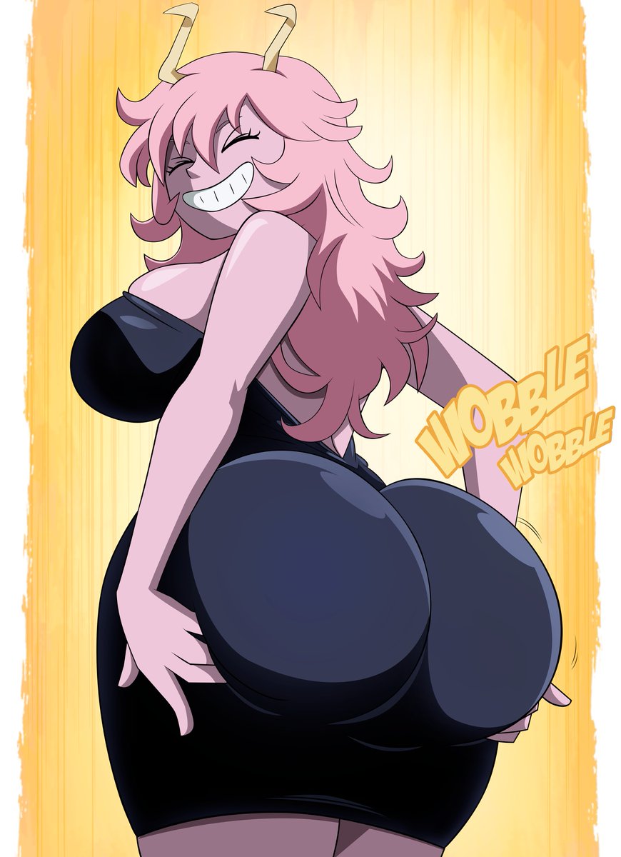 1girl, absurdres, ass, ass focus, ass in dress, ass of the gods, backless dress, big ass, black dress, black sclera, blush, boku no hero academia, boku no hero academia (finale), breasts, bubble butt, colored sclera, colored skin, covered nipples, dress, dumptruck ass, grabbing own ass, grimphantom, highres, horns, huge ass, large breasts, long hair, looking at viewer, looking back, mina ashido, mina ashido time-skip, my hero academia, my hero academia (finale), pink hair, pink skin, post-timeskip, skin tight, solo, spankable ass, yellow eyes, yellow horns