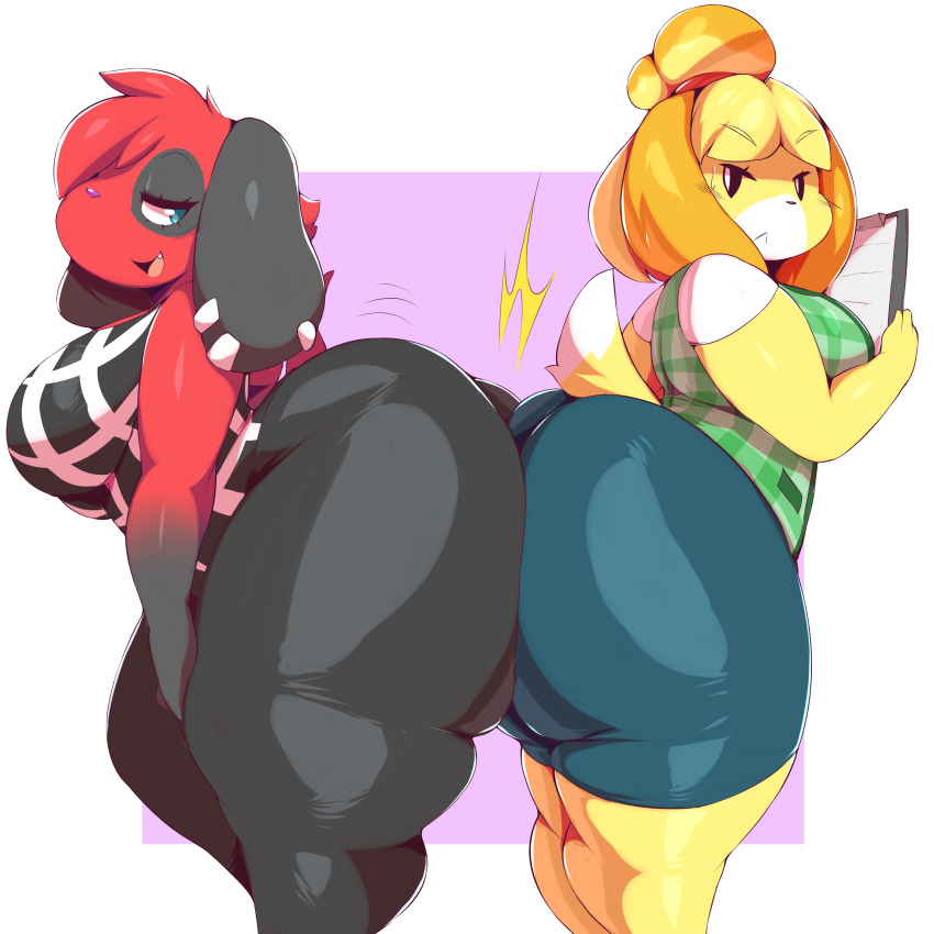 2019 2girls anal_kiss animal_crossing annoyed anthro ass ass_to_ass bare_shoulders big_ass breasts cherry_(animal_crossing) chubby dog_ears dog_girl dog_tail eye_contact female female_focus female_only fully_clothed fur furry furry_only huge_ass isabelle_(animal_crossing) large_breasts looking_at_another multiple_girls nintendo oerba_yun_fang plump skirt smile tail thick_thighs thighs trinity-fate62 vest