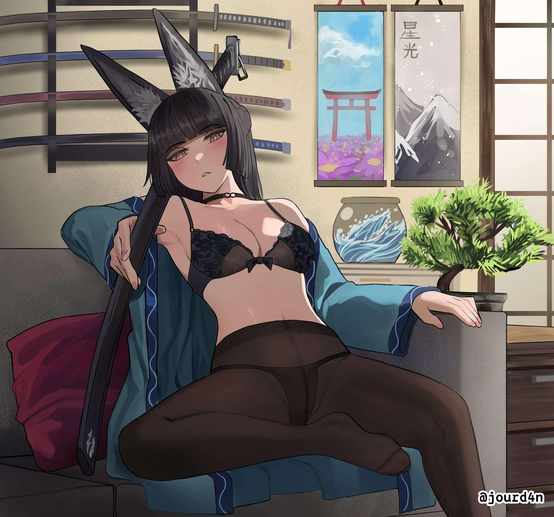 1girls, 2d, 2d (artwork), 2d artwork, animal ear fluff, animal ears, animal tail, ankles, armpits, bare armpits, bare chest, bare hands, bare midriff, bare shoulders, bare skin, belly, belly button, big boobs, big breasts, black bra, black choker, black hair, black panties, black underwear, black-haired female, blade, blank expression, blank eyes, blank stare, blunt bangs, blush face, blush lines, blushing, blushing at viewer, blushing female, blushing lines, bored, bored expression, bra, breasts, brown legwear, brown pantyhose, brown stockings, brown tights, busty, busty female, busty girl, calves, cat ears, cat tail, choker, cleavage, collarbone, digital, digital art, digital drawing, digital drawing (artwork), digital media, digital media (artwork), drawing, emotionless, exposed, exposed armpits, exposed chest, exposed midriff, exposed shoulders, exposed skin, eyebrows visible through hair, feet, female, female focus, female only, fingernails, fingers, flushed, flushed face, full body, groin, half naked, half nude, head tilt, high resolution, highres, hoshimi miyabi, indoor, indoor nudity, indoors, inguinal crease, inguinal ligament, jourd4n, katana, knees, lace bra, lace panties, lace underwear, large boobs, large breasts, lean figure, legs, legs apart, legs spread, legwear, long hair, looking at viewer, matching underwear, midriff, nail polish, nails, naked, naked female, naked woman, narrow waist, navel, neutral expression, nude, nude female, nudity, panties, pantyhose, partially undressed, pillow, pink fingernails, pink nail polish, pink nails, red eyes, red-eyed female, ribbon bra, semi nude, shoulders, sitting, slender body, slender waist, slim female, slim waist, sofa, solo, spread legs, spreading legs, spreading thighs, sword, thighs, tights, tilted head, underwear, underwear only, weapon, white pupils, zenless zone zero