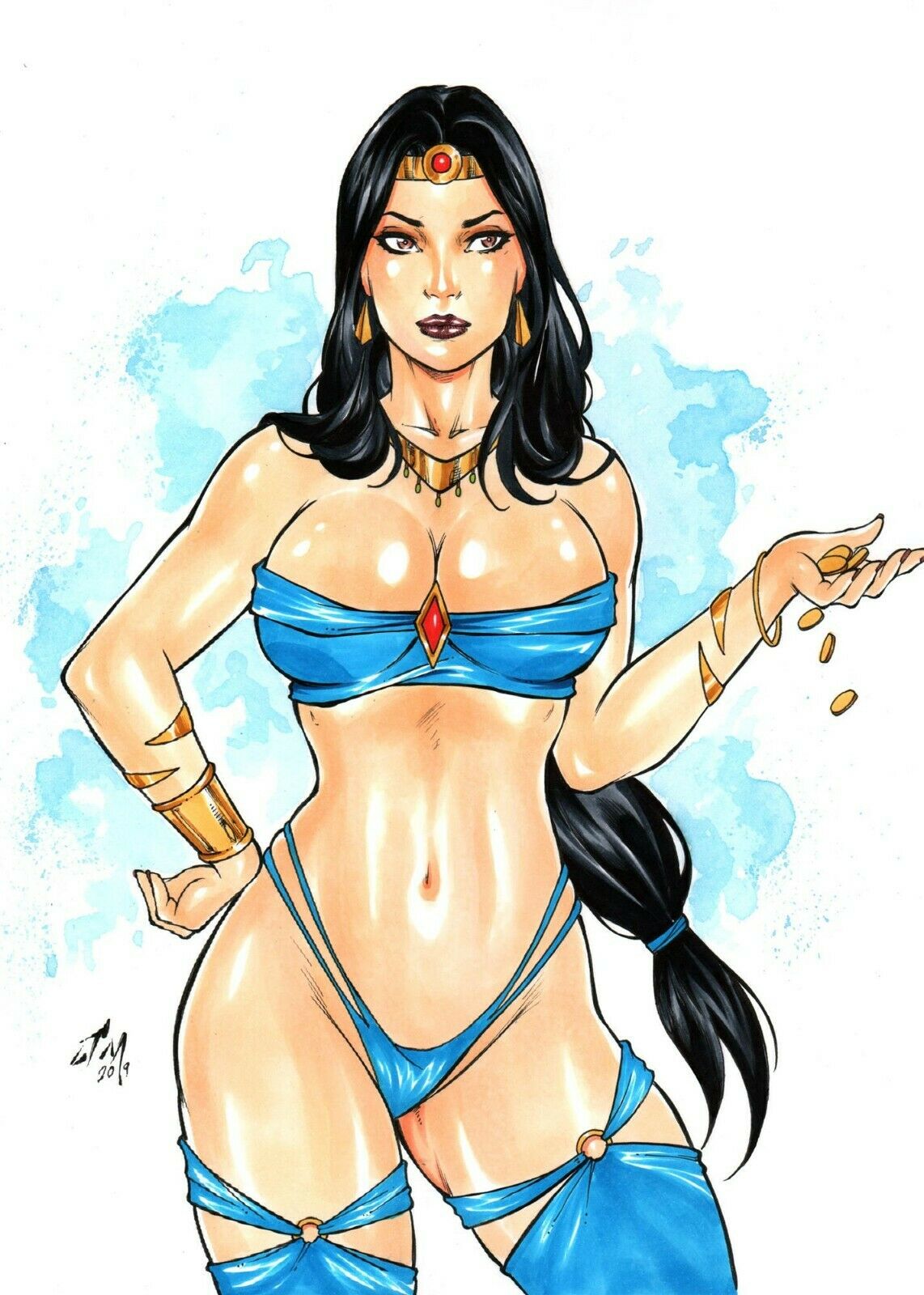 1girls, 2019, aladdin, arabian clothes, belly button, big breasts, black hair, blue bra, blue panties, blue thighhighs, bra, bracer, breasts, brown eyes, busty, coin, collar, dated, disney, disney princess, earrings, ed benes studio, eyeshadow, female, female only, front view, gold coin, gold coins, harem outfit, human, junior maia, large breasts, lipstick, long hair, looking to the side, makeup, mascara, midriff, navel, panties, pinup, ponytail, princess, princess jasmine, red lips, red lipstick, royalty, signature, solo, standing, stomach, thighhighs, thighs