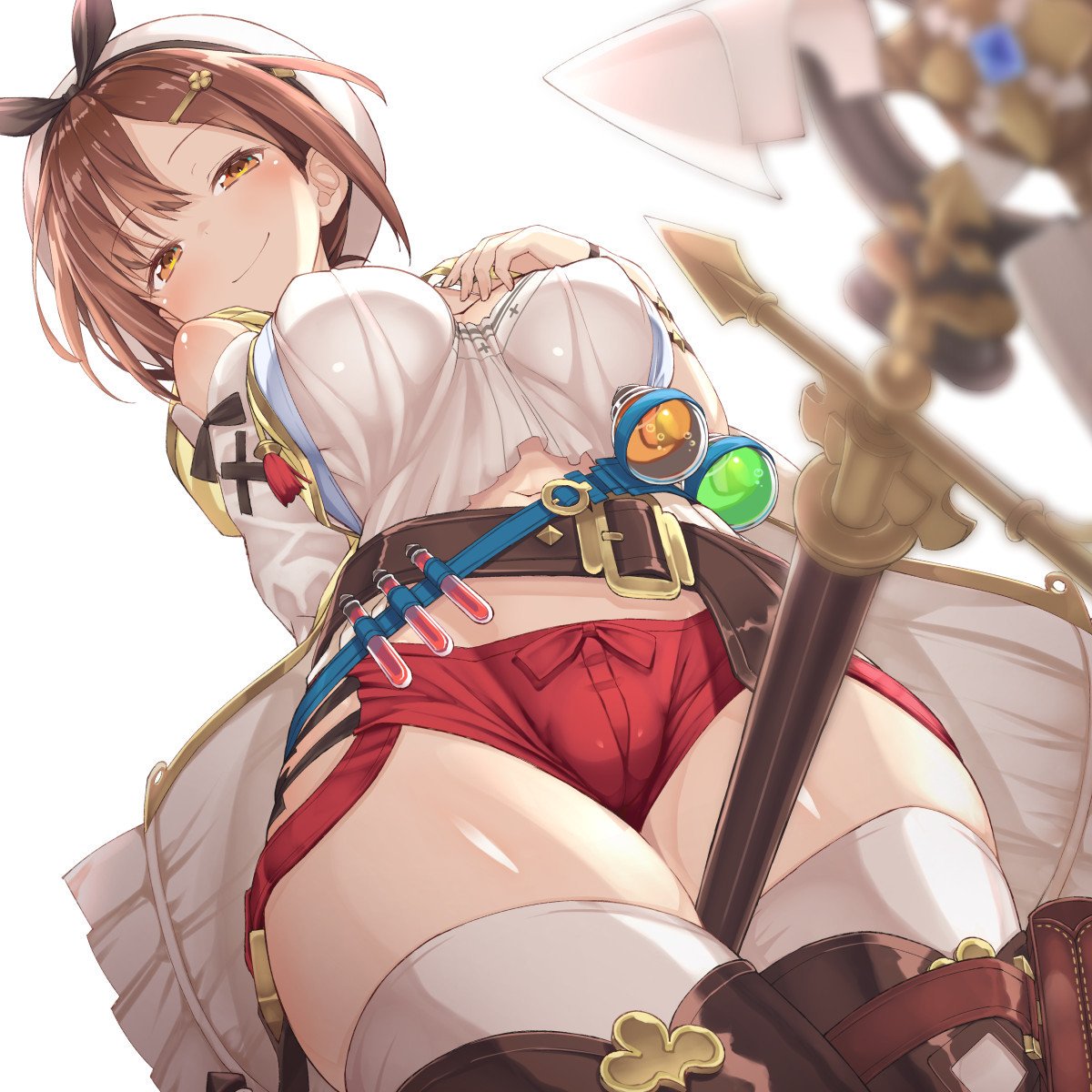 1girls, arm behind back, atelier (series), atelier ryza, bare shoulders, below view, belt, between legs, between thighs, blush, booty shorts, breasts, brown eyes, brown hair, cameltoe, erect nipples, female, female only, from below, large breasts, looking down, low-angle view, navel, nipples, pussy, red shorts, reisalin stout, seductive, short shorts, shorts, simple background, smile, smug, solo, staff, thick thighs, thighhighs, thighs, white background, white hat, white headwear, white land, white shirt, wide hips, yellow jacket