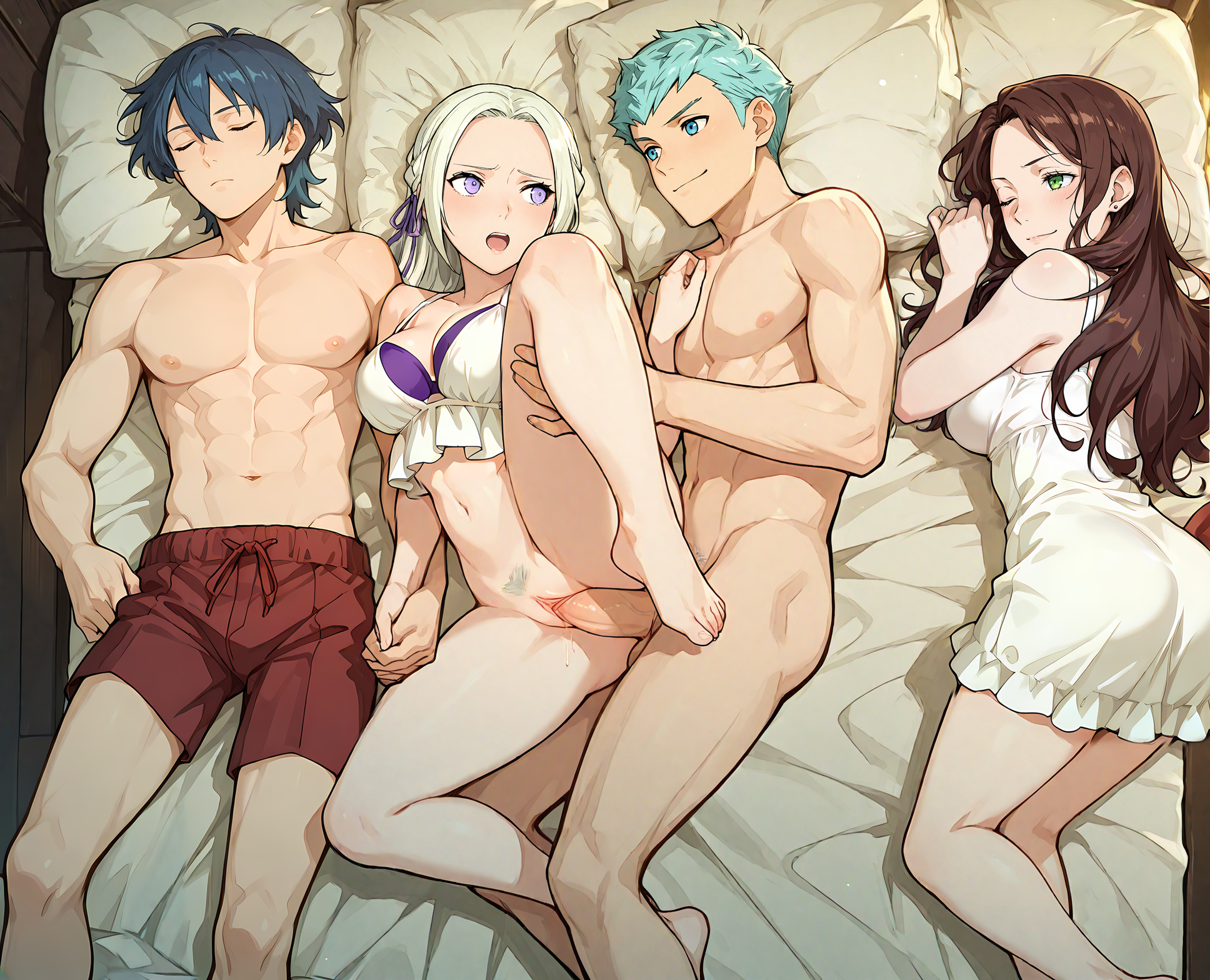 2boys, 2girls, ai generated, blue hair, breasts, brown hair, byleth (fire emblem), byleth (fire emblem) (male), caspar von bergliez, dancer, dancing, dark green hair, dorothea arnault, echoanomaly, edelgard von hresvelg, female, fire emblem, fire emblem: three houses, friends, fully nude, furniture, green eyes, group, imminent threesome, looking at partner, male, naked dancing, nipples, princess, purple eyes, seduction, seductive pose, sleeping, supporting partner, video game character, wedding ring, white hair