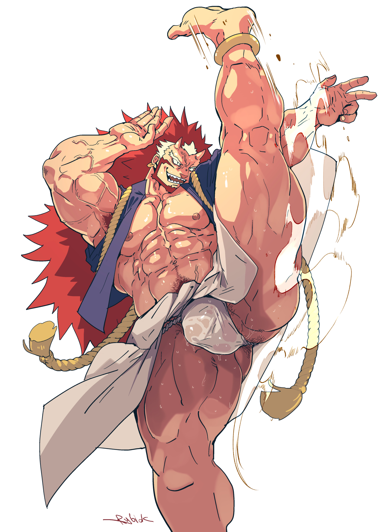 1boy, abs, anklet, anus hair, armpit hair, armpits, arms up, artist name, artist signature, ass, ass hair, ass visible through thighs, attack, balls under clothes, bara, bare breasts, barefoot, beard, beefy, biceps, big areola, big bulge, big hands, bulge, bulge through clothing, clothes around waist, daddy, dilf, earrings, eight pack, facial hair, feet, fighting stance, flaccid, forked eyebrows, frown, fundoshi, gay, genital outline, gesture, hi res, hunk, japanese clothes, jewelry, kicking, laugh, legs apart, long hair, looking away, male, male breasts, male only, manly, mature male, moobs, motion blur, multicolored hair, muscles, muscular, muscular arms, muscular ass, muscular legs, muscular male, muscular thighs, navel, oni, oni horns, open clothes, pecs, quadriceps, red hair, right (yomi no tsugai), rokushaku fundoshi, rope, rybiok, sanpaku, shark teeth, sharp teeth, shimenawa, sideburns, small horns, small pupils, snaggle tooth, solo, spiky hair, standing, standing on one leg, sweat, sweatdrop, sweating, sweaty, thick, thick eyebrows, thick legs, thick thighs, thighs, tough guy, translucent clothing, triceps, two-tone hair, veiny arms, veiny face, very long hair, wet fundoshi, white background, white fundoshi, white hair, yaoi, yomi no tsugai