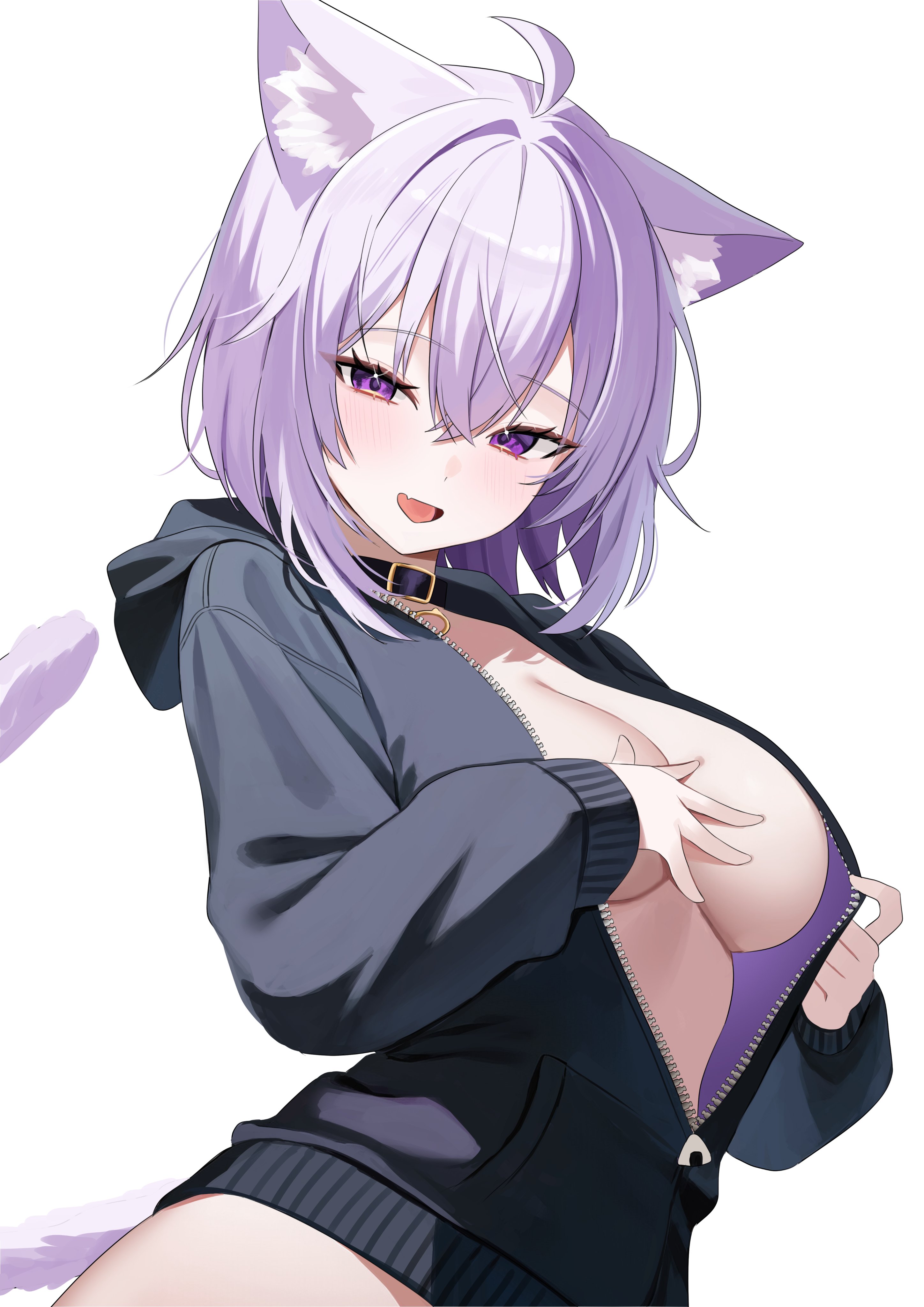 1girls, absurdres, animal ears, black collar, black jacket, breasts, cat ears, cat girl, cat tail, collar, female, female only, hair between eyes, highres, hololive, hood, hooded jacket, jacket, large breasts, long sleeves, looking at viewer, nannung, nekomata okayu, open clothes, open jacket, open mouth, purple eyes, purple hair, short hair, simple background, smile, solo, standing, tail, virtual youtuber, white background, zipper