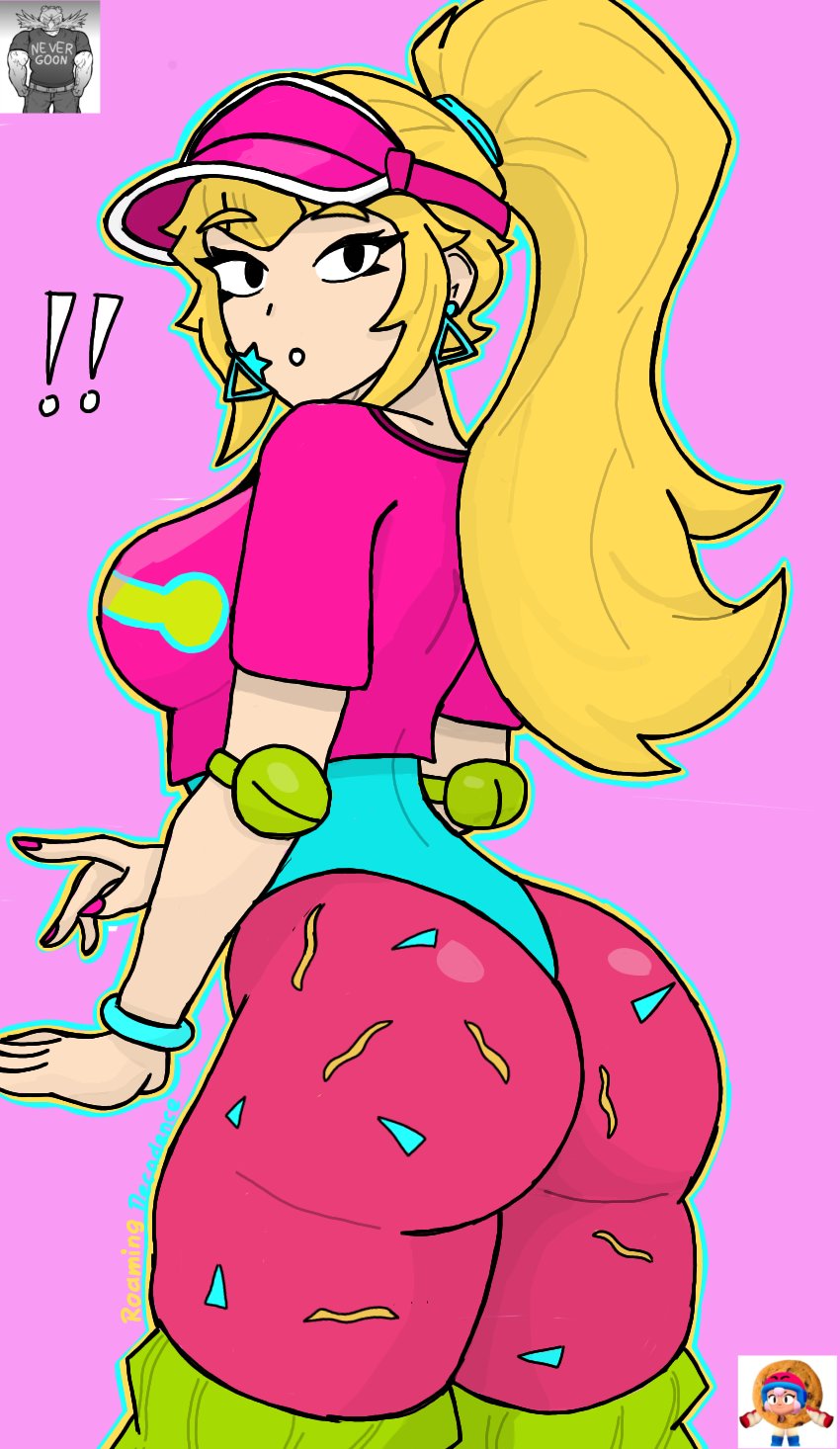 ass, ass focus, back view, blonde hair, brawl stars, breasts, earrings, female, female only, fit, fit female, gym uniform, long hair, looking back, melodie (brawl stars), pump it melodie (brawl stars), slim waist, tagme, thick thighs, tied hair, tight clothing, topwear, voluptuous, wide hips, workout, workout clothes