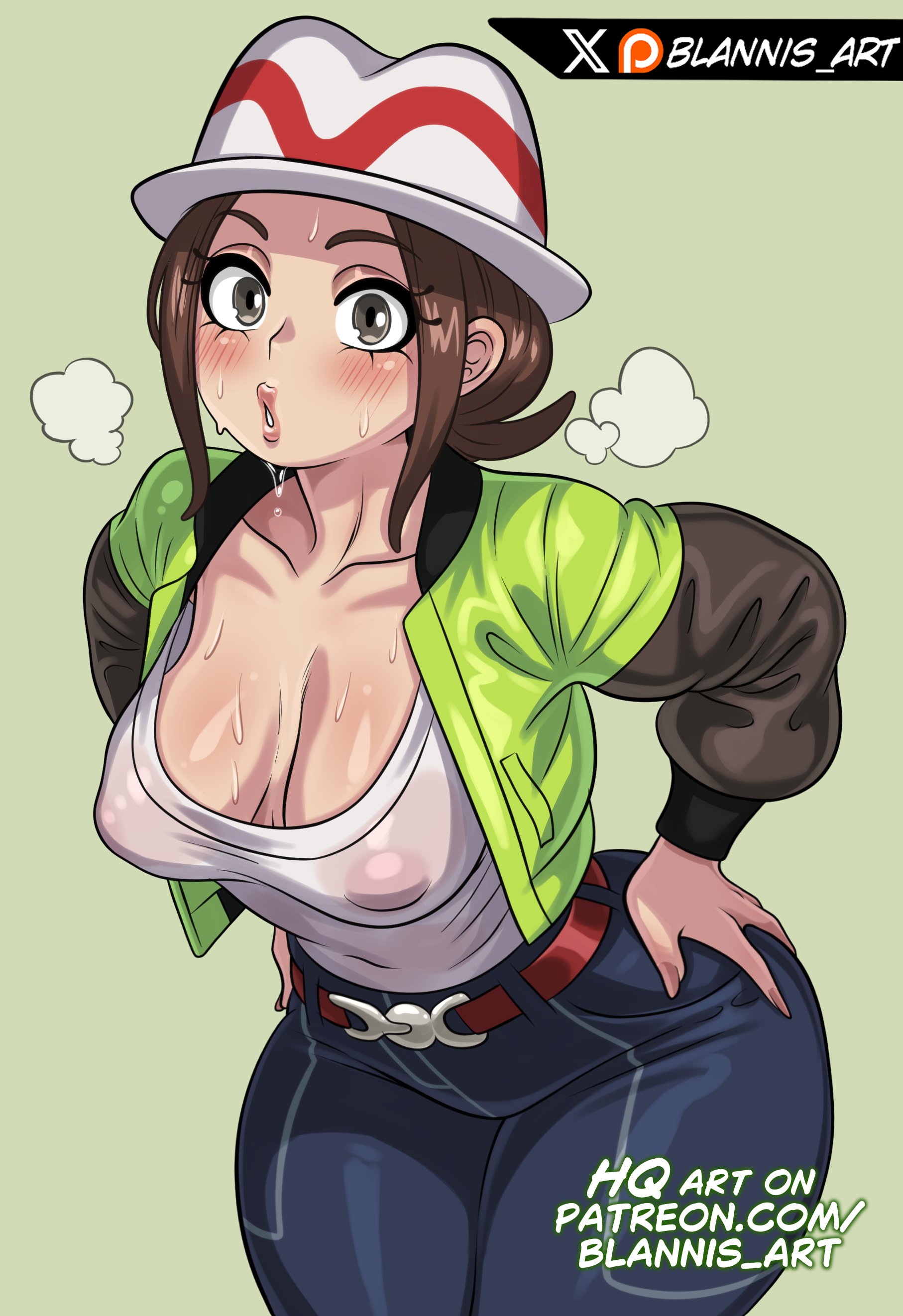 1girls, big ass, big boobs, big breasts, blannis art, brown hair, clothed, gray eyes, grey eyes, harmony (pokemon), large breasts, nipple bulge, nipples, nipples visible through clothing, no bra, no bra under clothes, pink nipples, pokemon, pokemon legends: z-a, see-through, see-through clothing, seika (pokemon), solo, solo female, solo focus, sweat, sweatdrop, sweating, sweaty, thick thighs, wet, wet clothes, wide hips, wide thighs