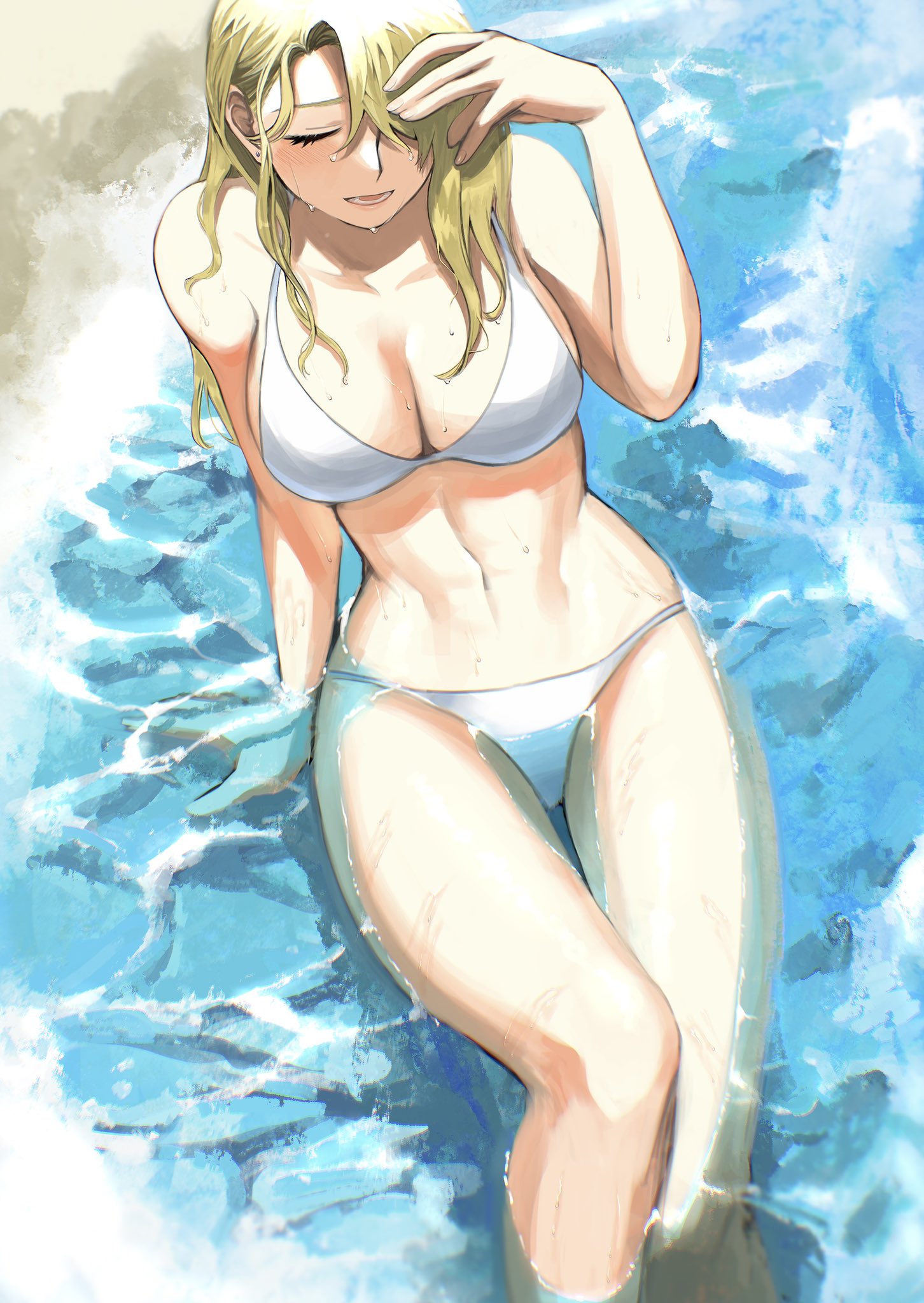 1girls, big breasts, blonde hair, eyes closed, fullmetal alchemist, fullmetal alchemist brotherhood, hair over one eye, in water, riza hawkeye, smile, swimsuit, tsuki 51219, water, wet hair