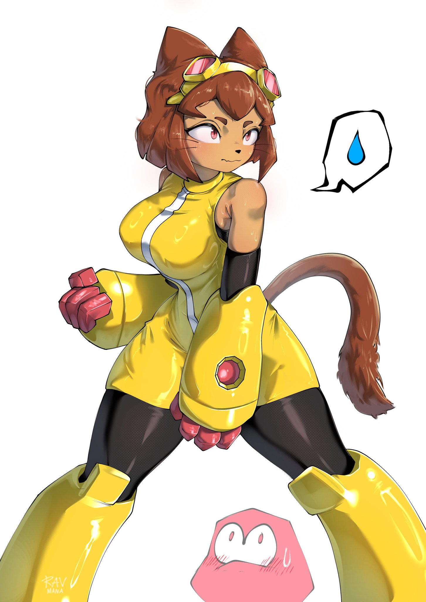 big breasts, blushing, bra, brown hair, cat ears, cat tail, catgirl, chest, curvy, curvy figure, cute, cute face, dark-skinned female, female, fighting stance, gameoverse, glitch productions, gobbles (gameoverse), hero costume, heroine, kit (gameoverse), kit bodega, latina, posing, ravma, thick breasts, thick thighs, thighs, video games