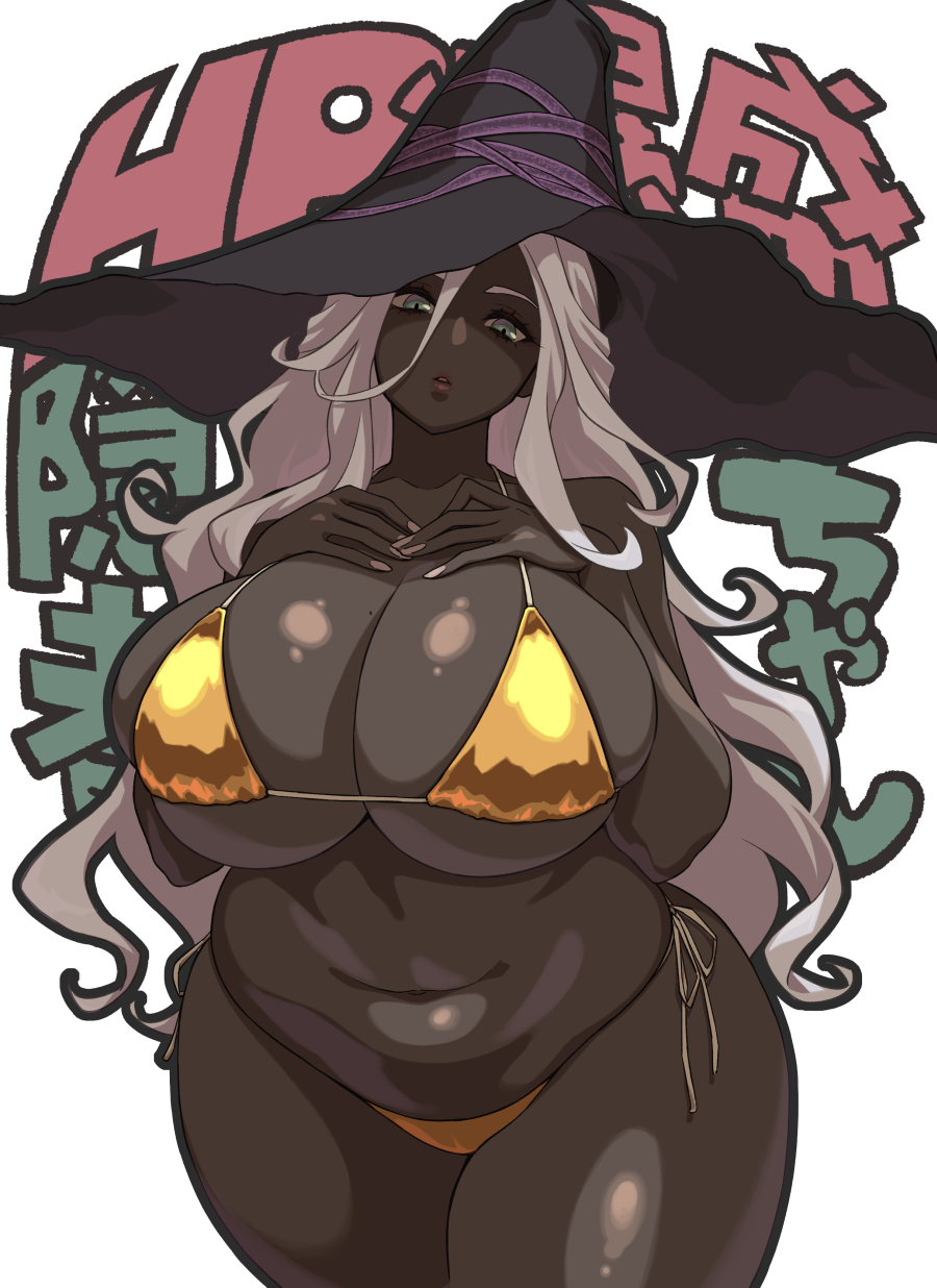 1girls, belly, bikini, curvy, dark skin, elden ring, elden ring nightreign, female, female only, golden week, golden week bikini, huge breasts, mole on breast, navel, on da3, parted lips, plump, recluse (nightreign), side-tie bikini, simple background, thick thighs, very long hair, white background, white hair, wide hips, witch, witch hat