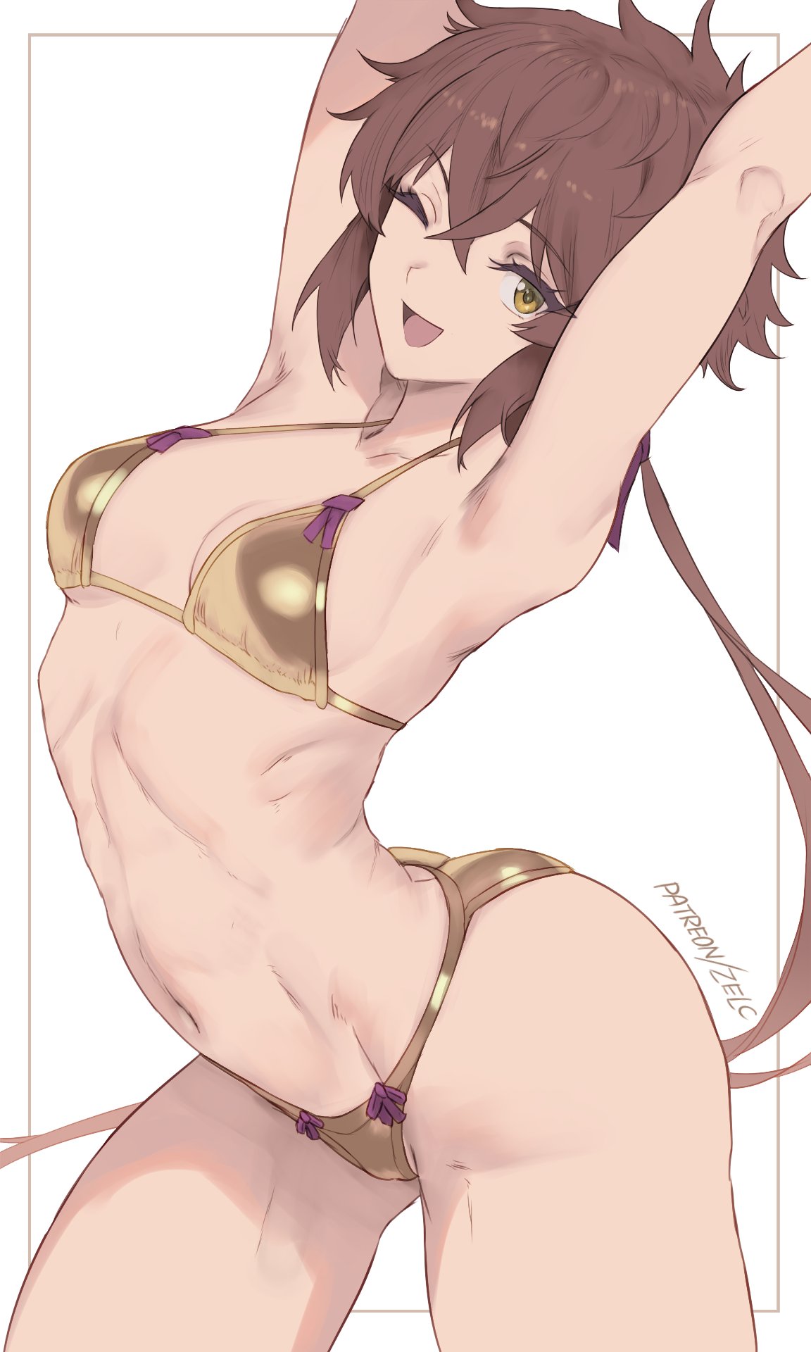 armpits, arms up, bikini, brown hair, female, female only, gold bikini, gold eyes, lora (xenoblade), ponytail, short hair, small breasts, swimsuit, xenoblade (series), xenoblade chronicles 2, zelc-face